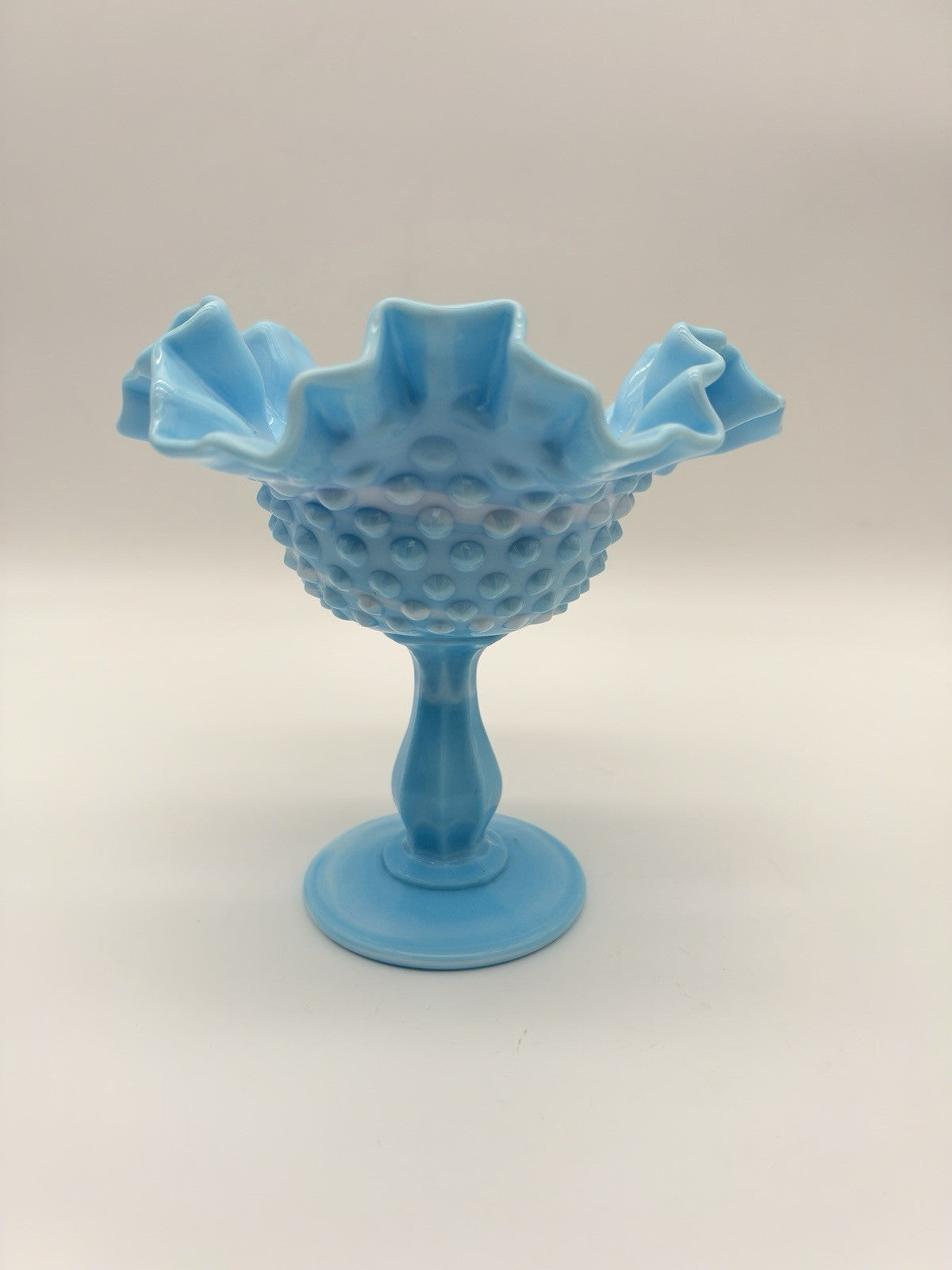 Fenton Blue White Slag Glass Hobnail Pedestal Compote Vtg Ruffled Edge 5.5”x6”