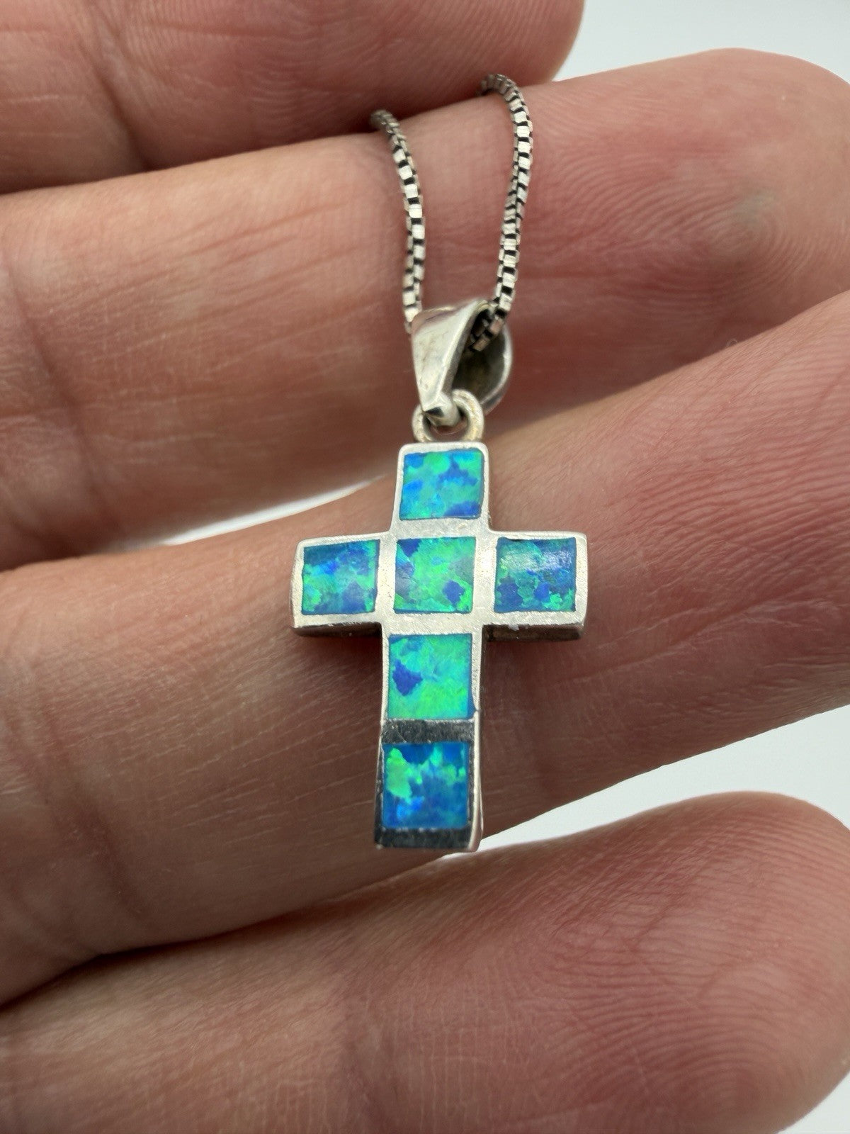 Sterling Silver 925 Sparkly Blue Fire Opal Small Cross Pendant & Necklace 21”