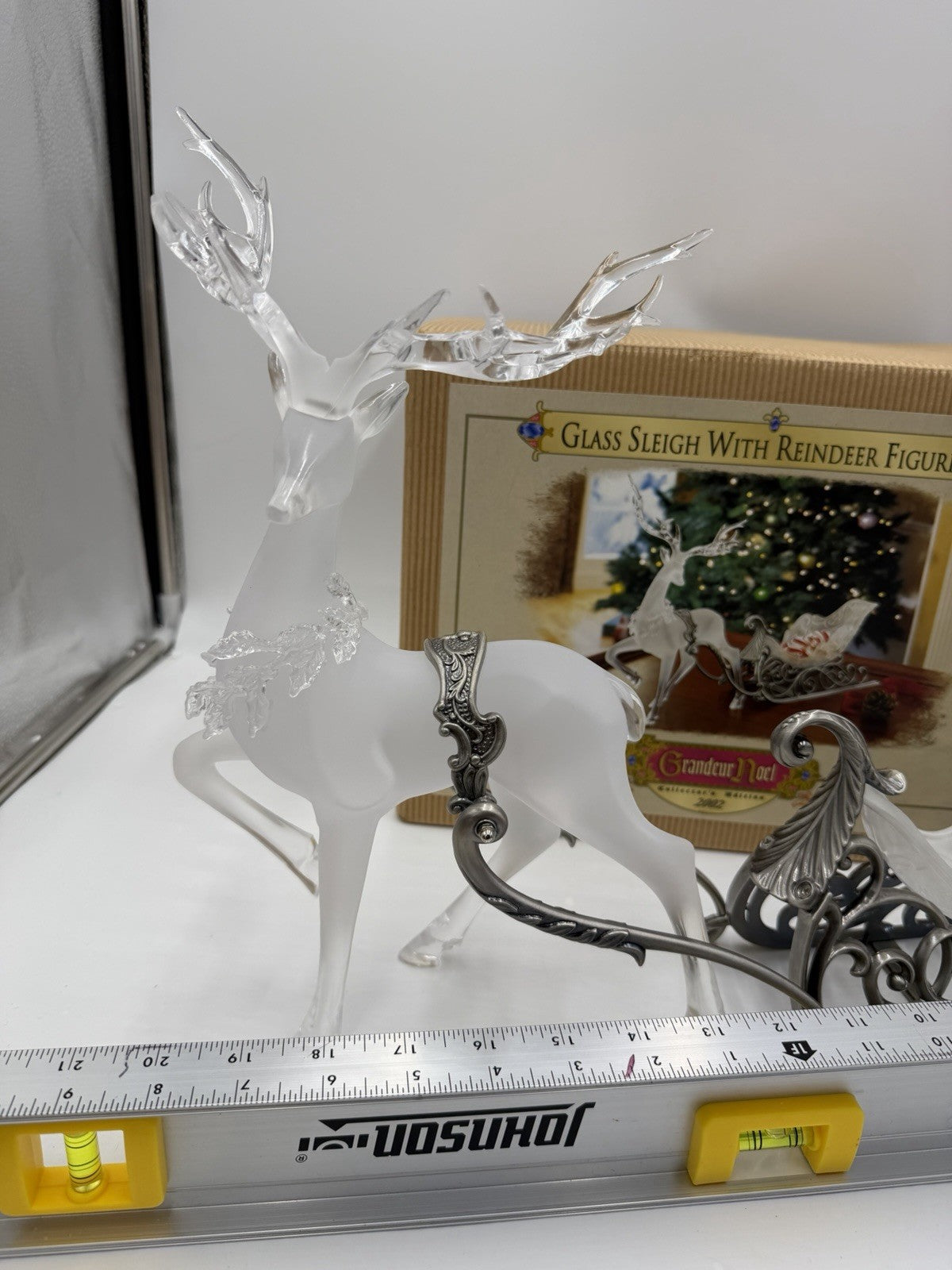 Grandeur Noel Glass Sleigh With Acrylic Reindeer Figurine Christmas Vtg Decor