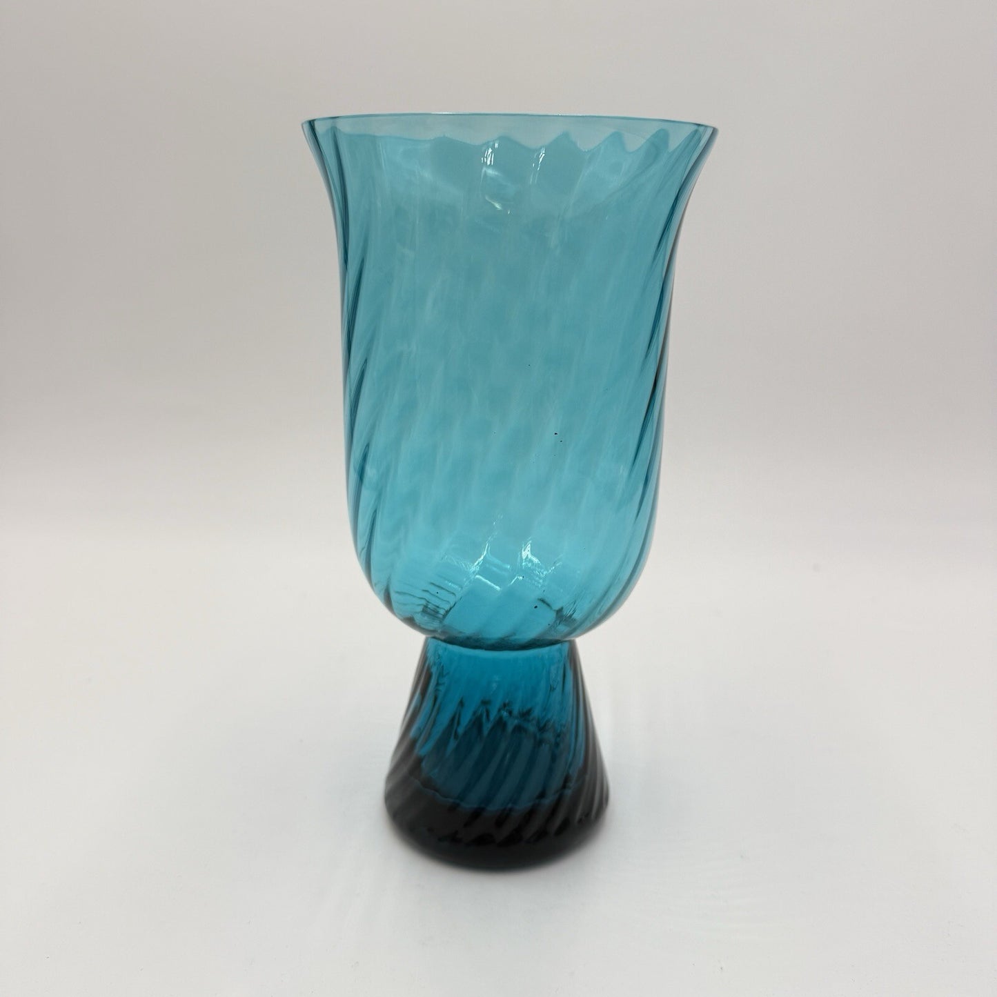 MCM Empoli Italian Handblown Art Glass Swirl Optic Teal Pedestal Vase 8.5in