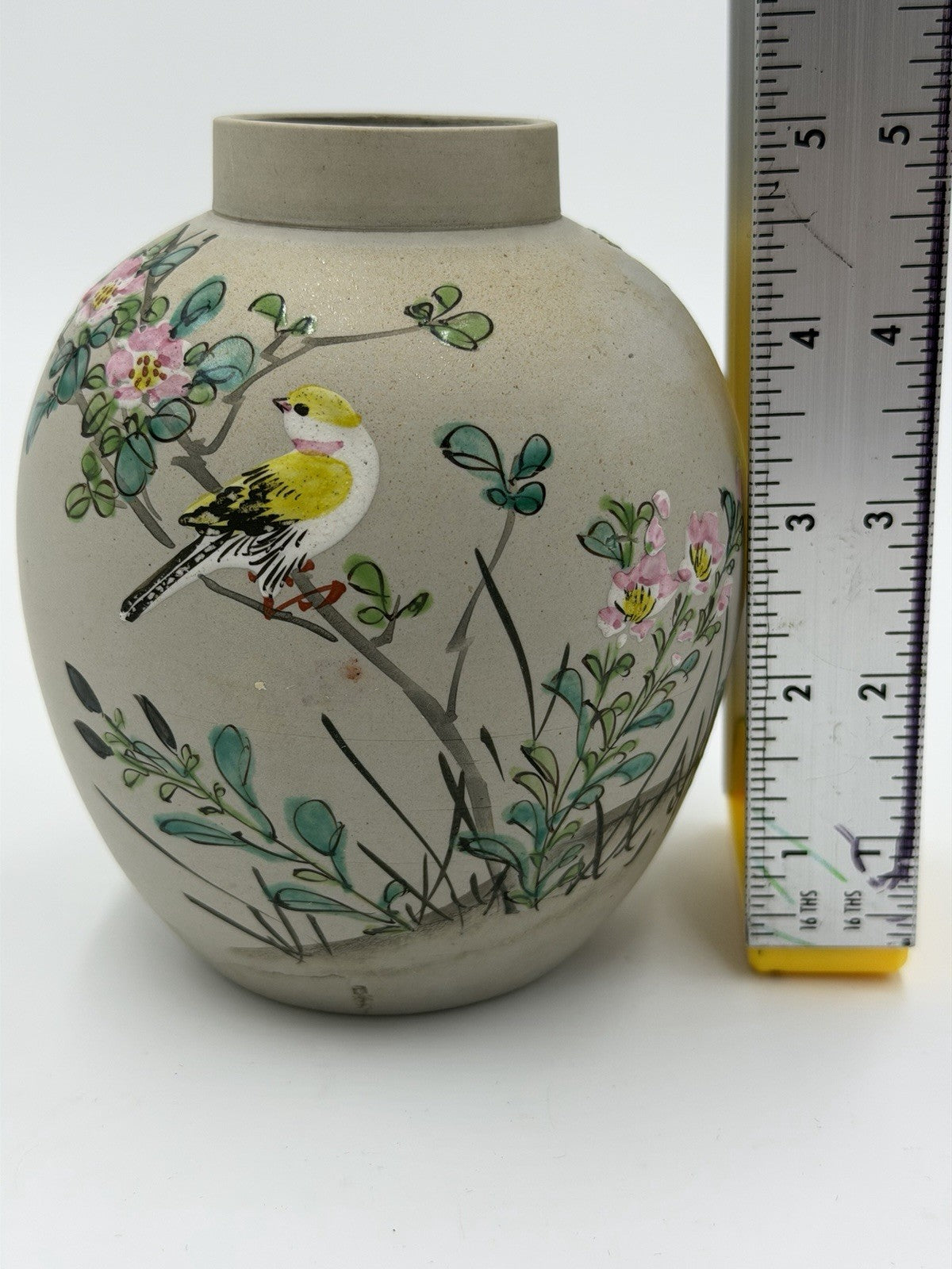Antique Japanese Pottery Cherry Blossom Yellow Goldfinch Painted Vase 5”H