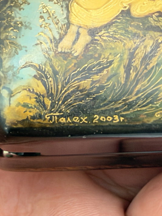 handpainted Russian lacquer miniature trinket box Palekh signed Lapin L Folk Art