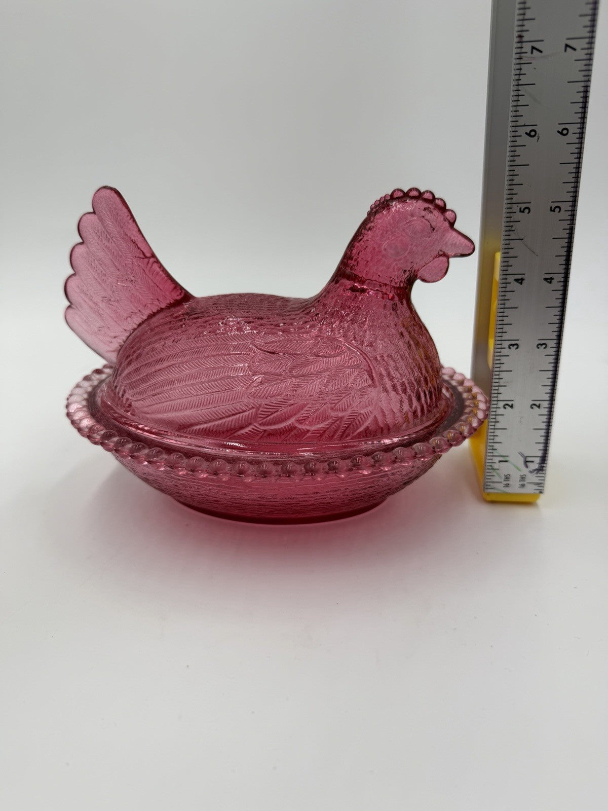 Vintage Indiana Art Glass Chicken /Hen on Nest Covered Dish Cranberry USA Rare