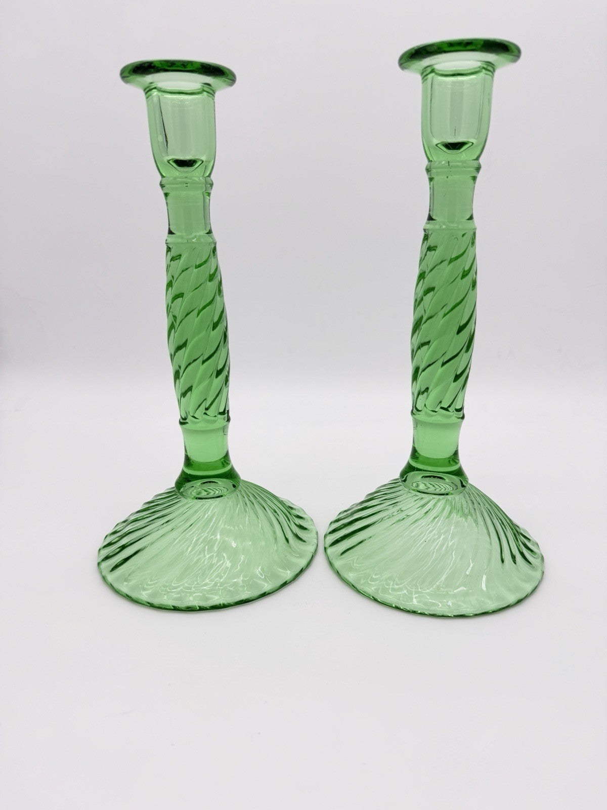 Antique EAPG art glass Swirl Early American Pressed Green mint candlesticks