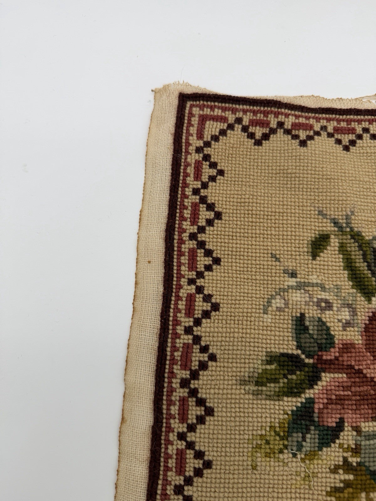 Antique Needlepoint Embroidery Victorian Roses Wool Embroidery panel top 12”x12”