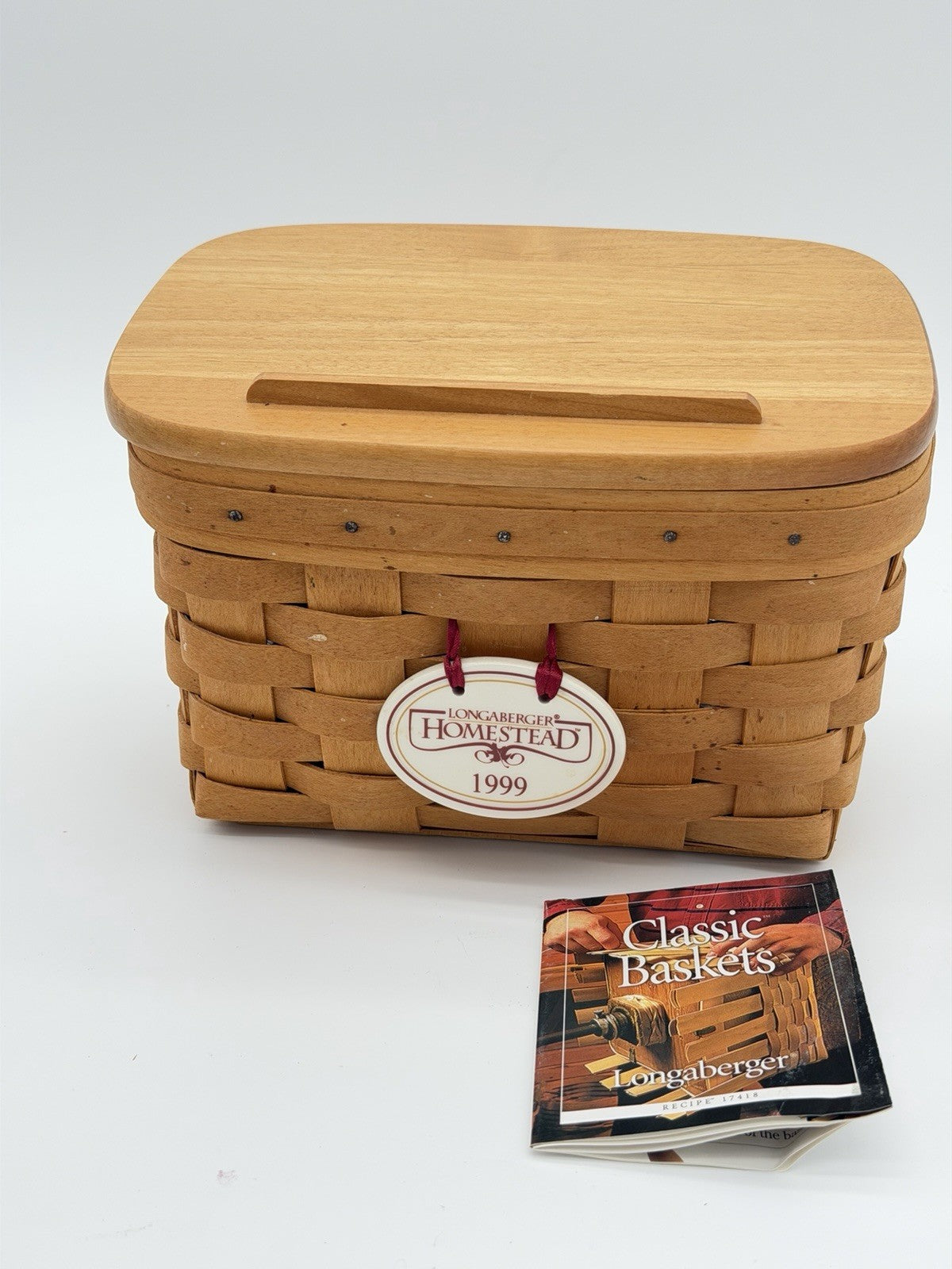 Vintage 1999 Longaberger Recipe Wood Woven  Basket w/Lid Plastic Insert Natural