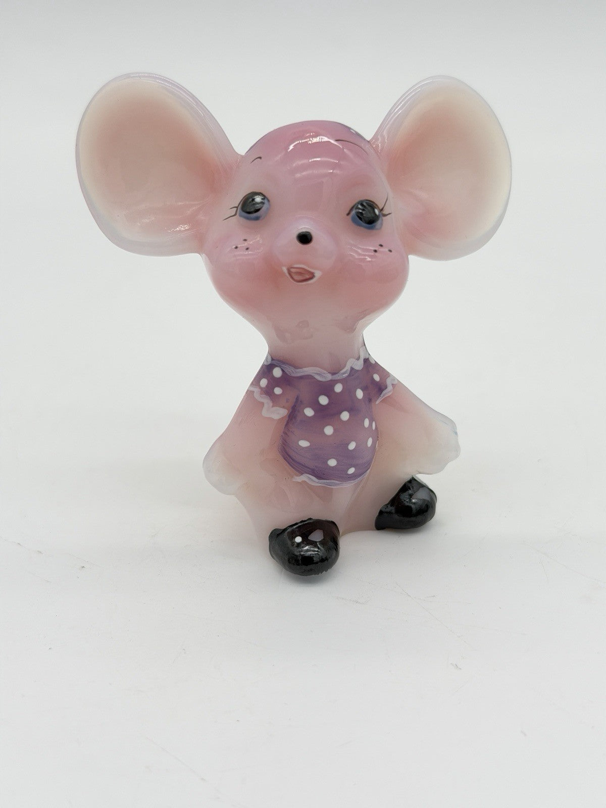 Fenton Art Glass Rosalene Purple Polka Dot Dress Hand Painted Mouse Figurine