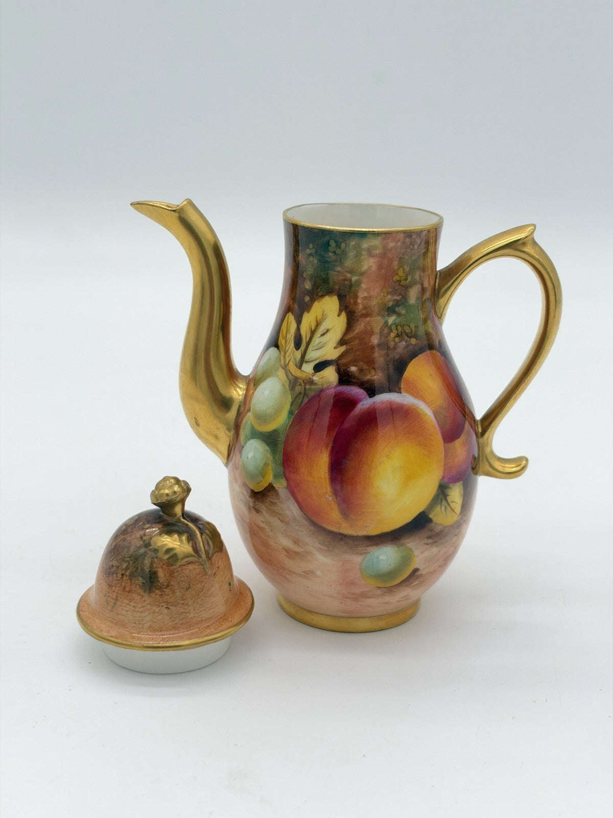 Royal Worcester England Porcelain Hand Painted 5” Teapot Orchard Peaches Gold