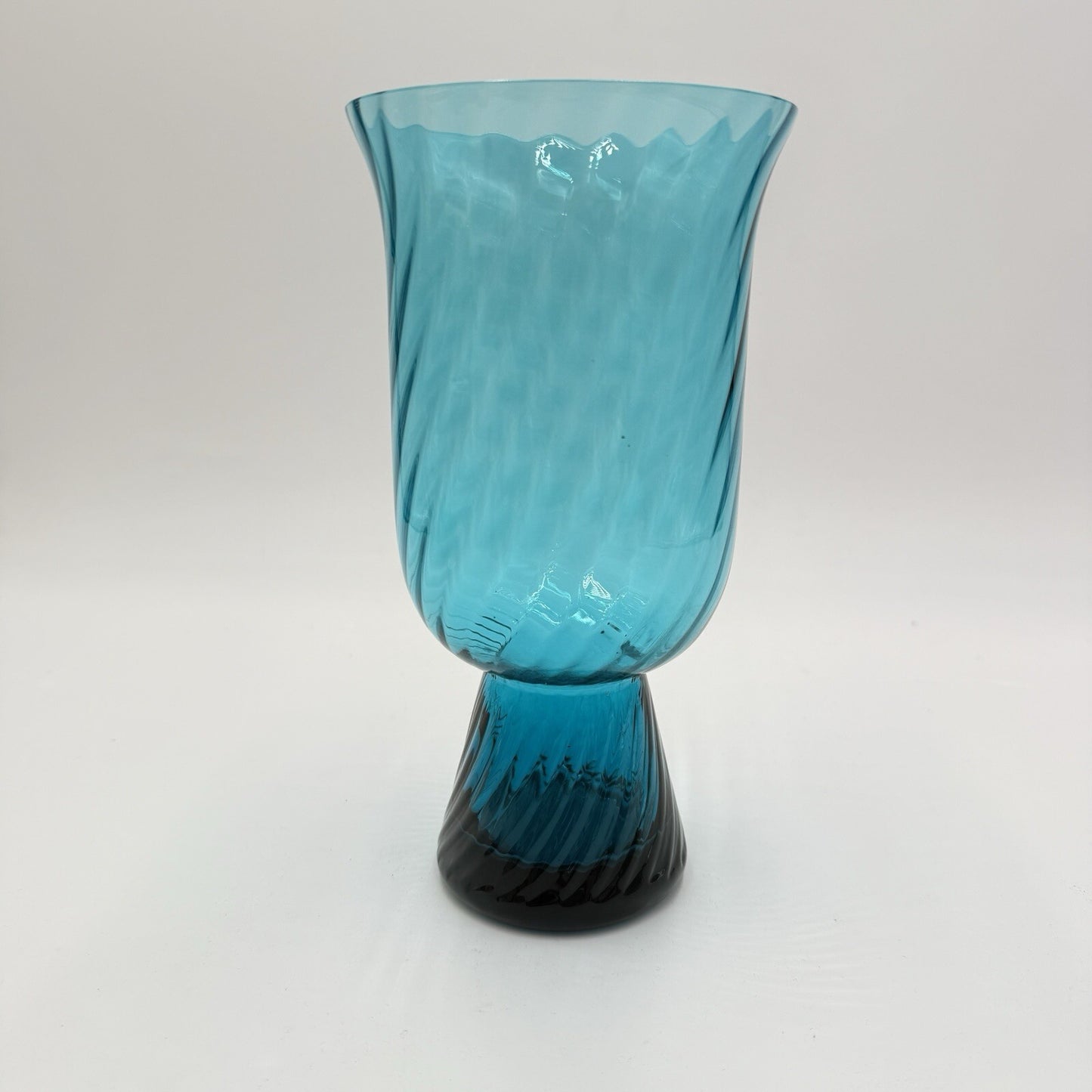 MCM Empoli Italian Handblown Art Glass Swirl Optic Teal Pedestal Vase 8.5in