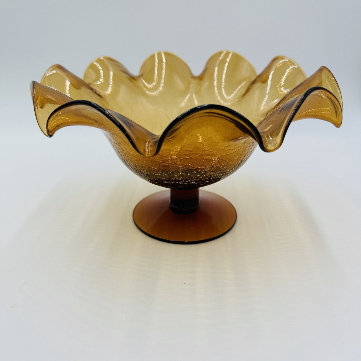 Blenko Art Glass Amberina Footed Vase Ruffled Crackled Compote 5.5in H x 9inW