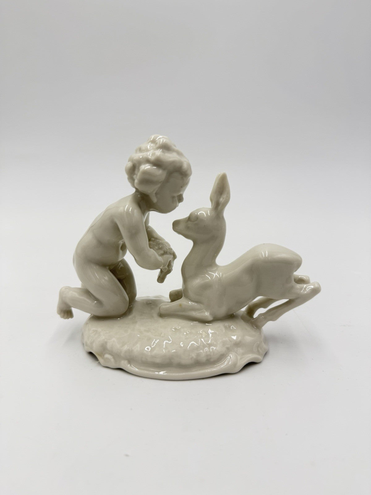 Hutschenreuther Kunstabteilung Putto w/Fawn German Porcelain Figurine Vtg 4”H