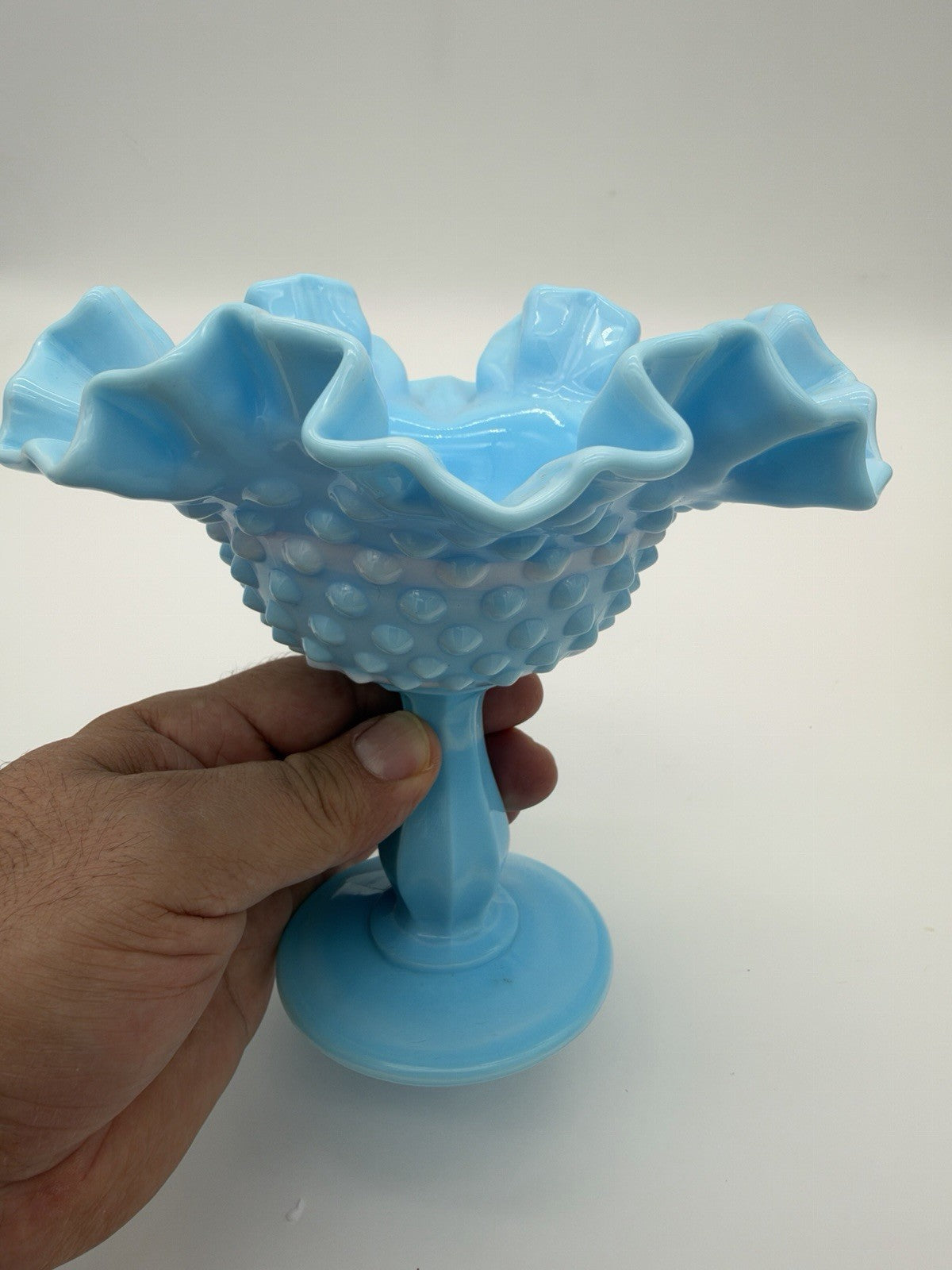 Fenton Blue White Slag Glass Hobnail Pedestal Compote Vtg Ruffled Edge 5.5”x6”