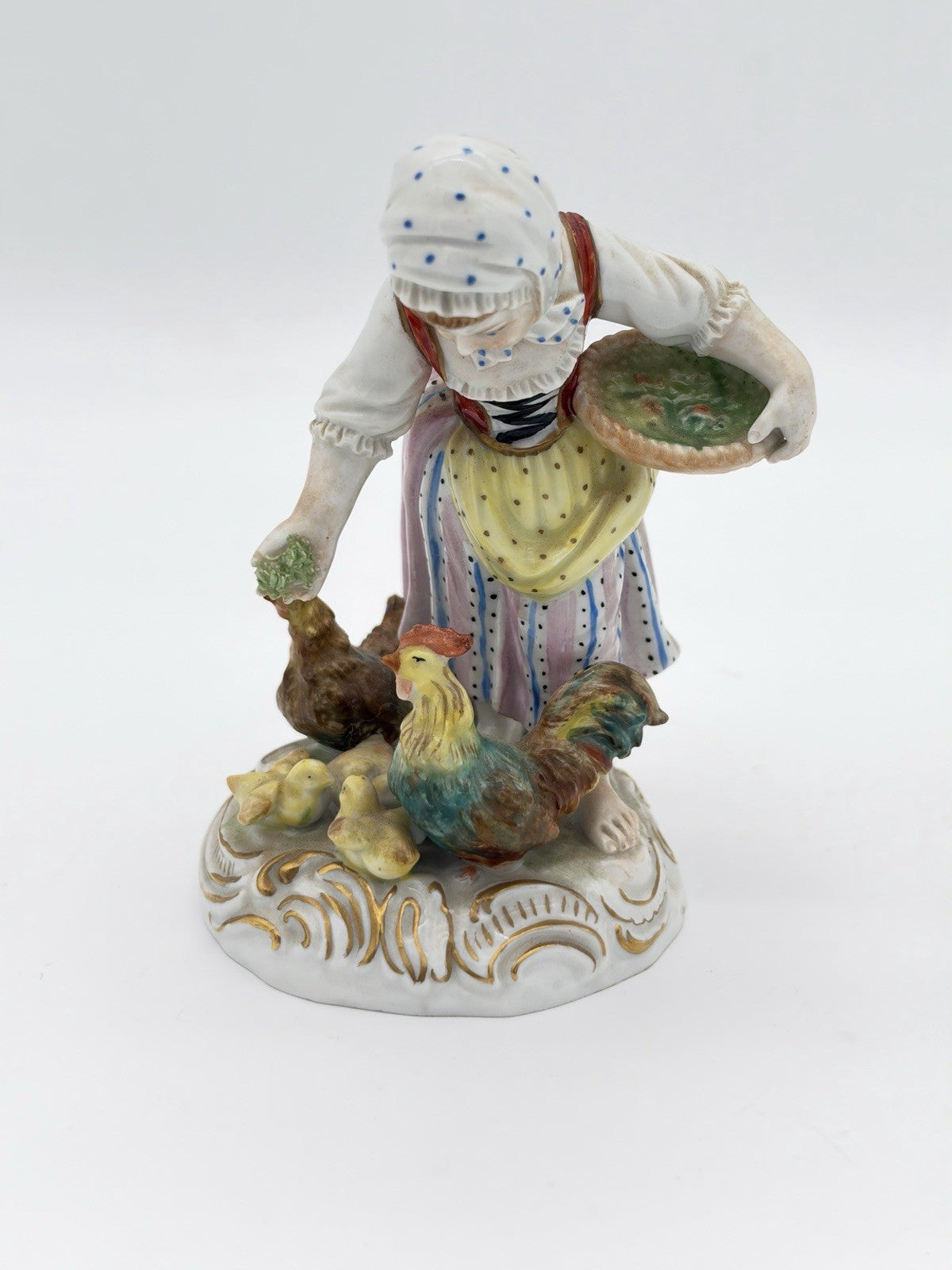 Antique Carl Thieme Dresden Germany Porcelain Painted Girl Feeding Chicken Figur
