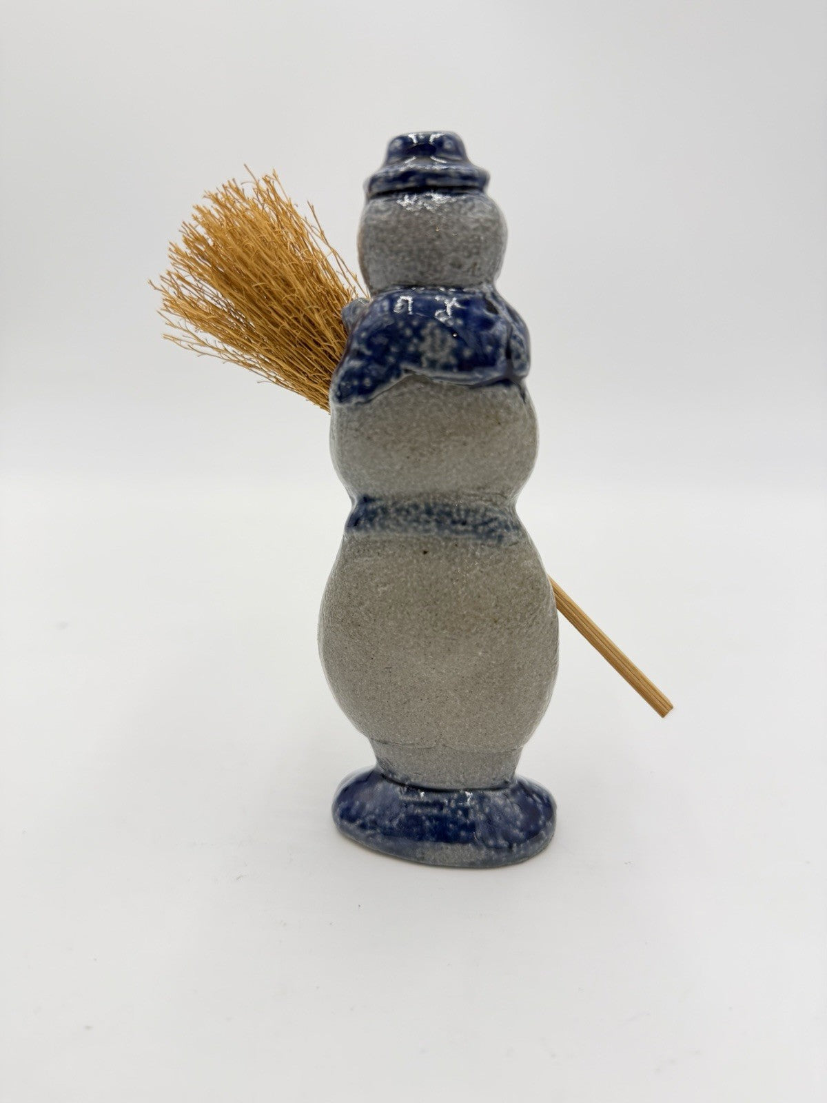 Vintage Rowe Pottery Salt Glazed Snowman W/broom 1996 Christmas Figurine 5”
