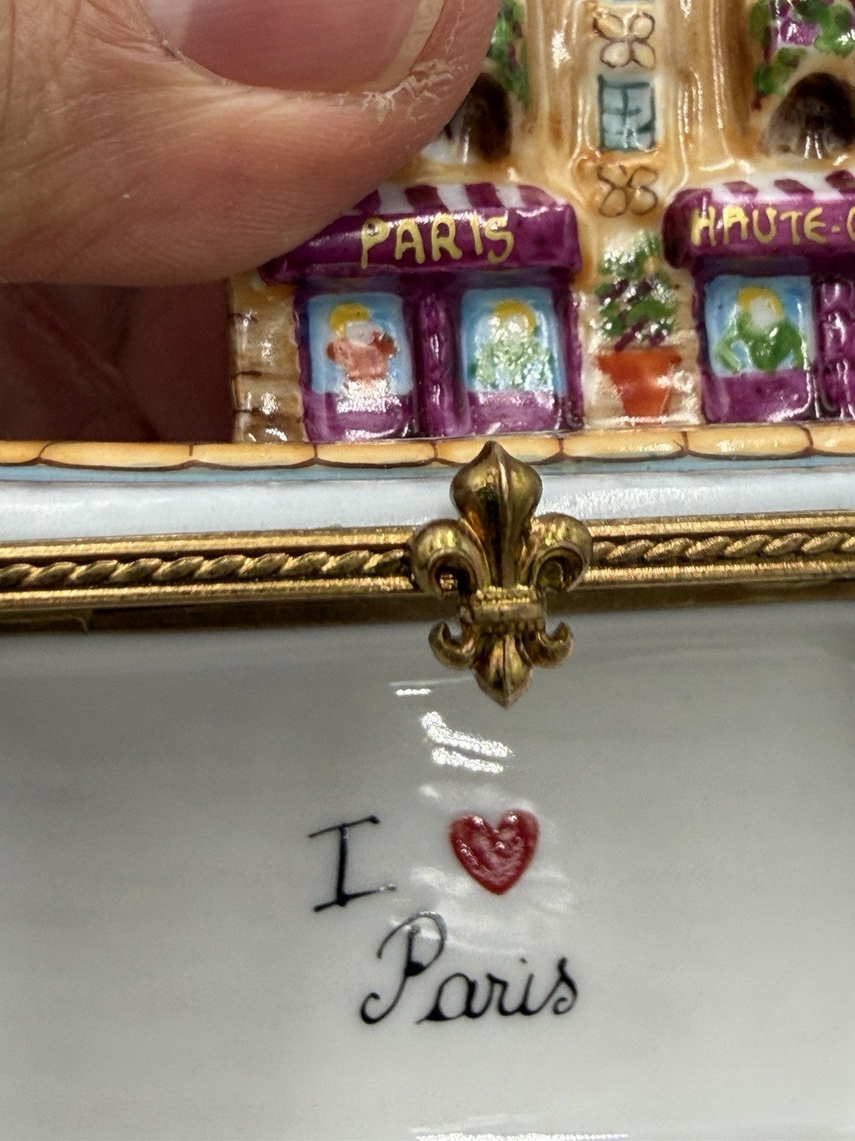 Limoges Porcelain Trinket Box Signed France Paris Street with Shops & Apartments