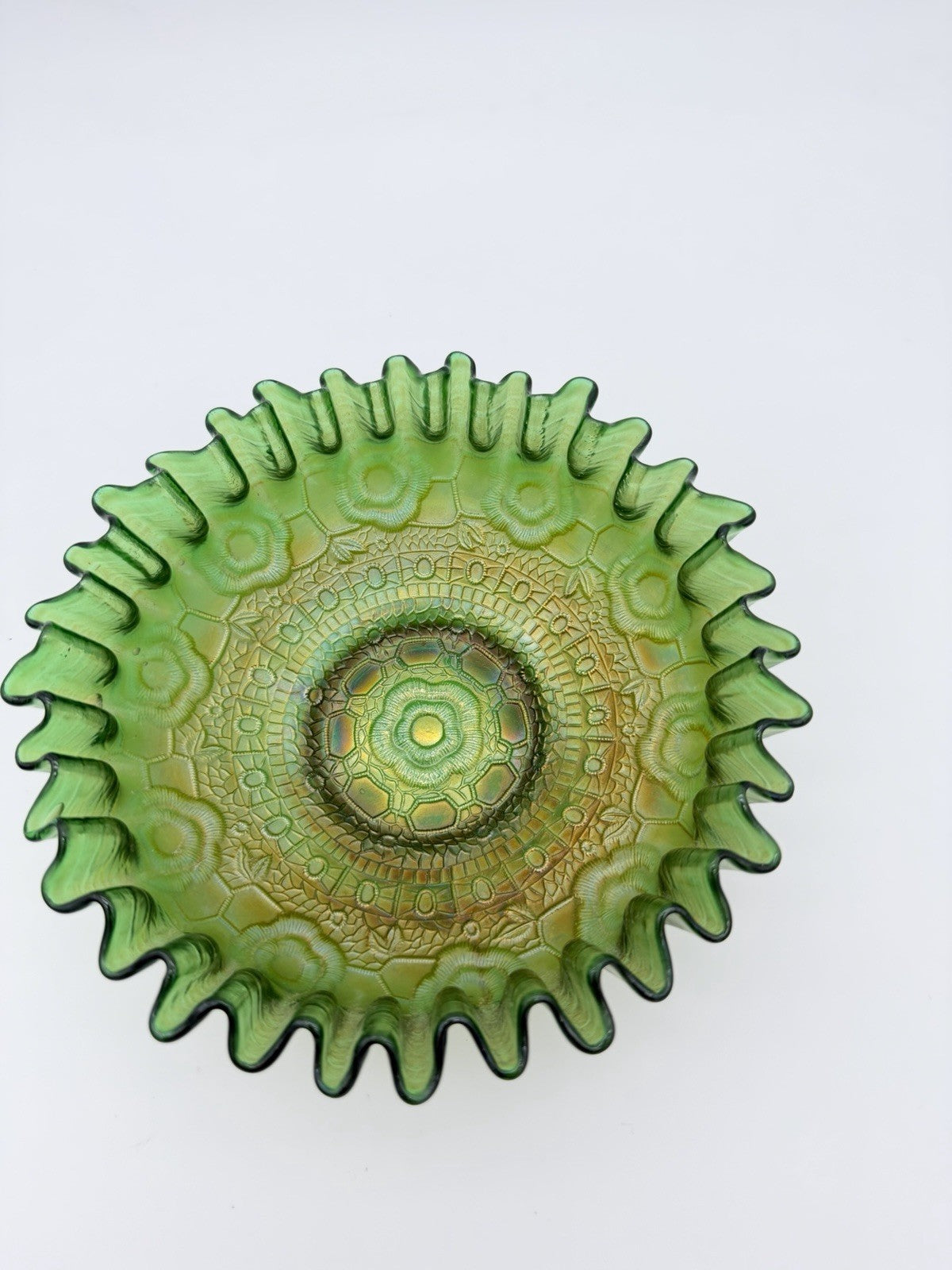 Fenton Art Glass Carnival Green Iridescent Persian Medallion Bowl 2.5”Hx7” Antiq