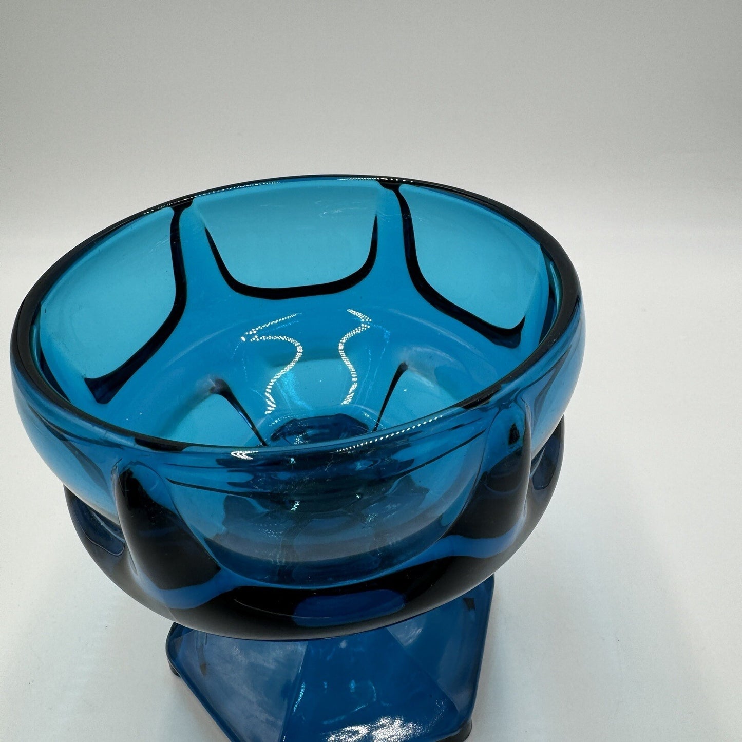 MCM Viking Candy Dish Blue Art Glass 1960s Bluenique Pedestal 6in Beautiful