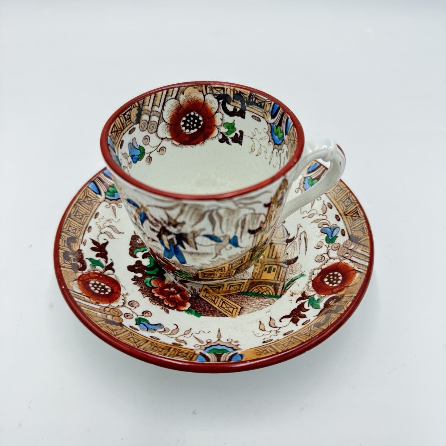 Antique 1875 Opaque de Sarreguemines Kyoto Demitasse Tea Cup & Saucer Set