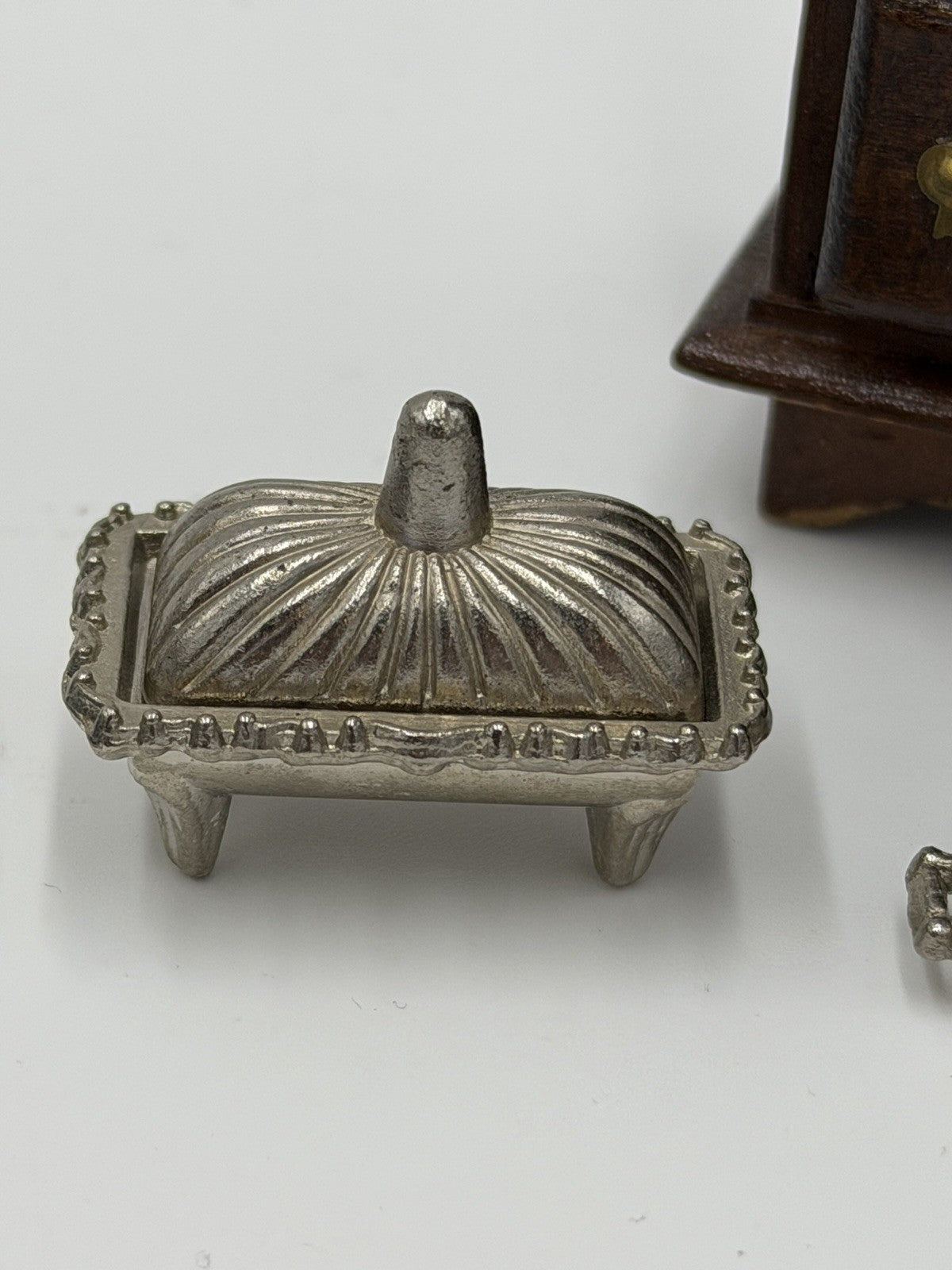 Vintage Dollhouse Furniture Miniature Lot Drawer Bible Clock Tea Set Table