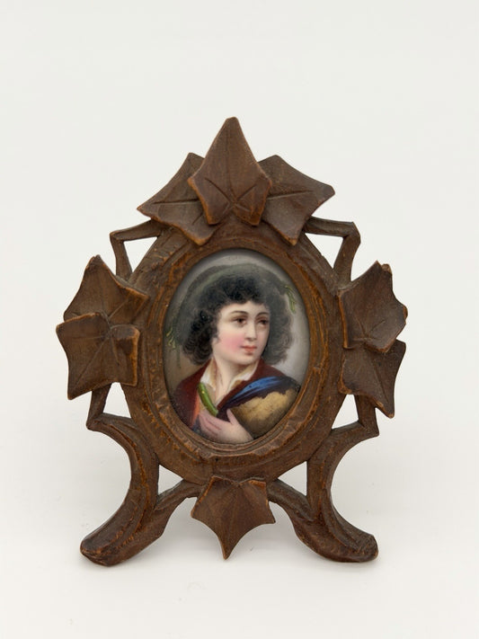 Antique Black Forest Carved Frame Painted Porcelain Young Portrait Miniature 3”H