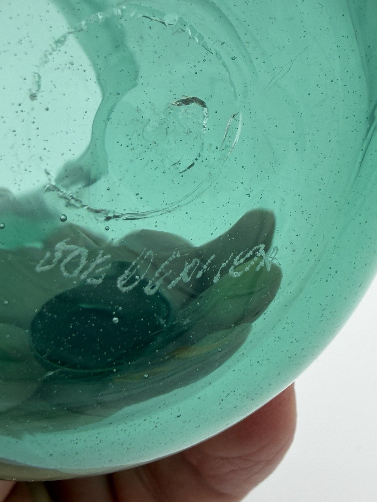 Vintage Joe Deanda Art Glass Pitcher Green Painted Pansies 4.5”H
