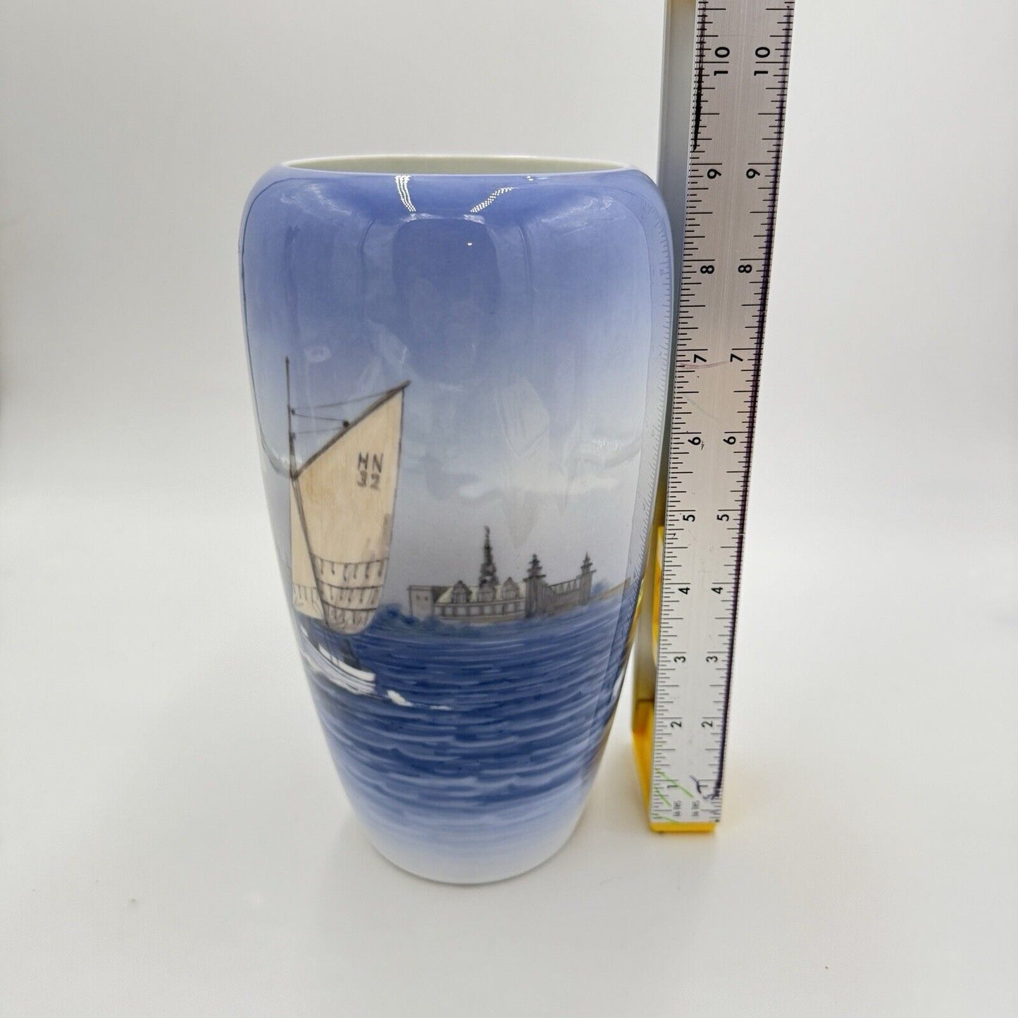 Royal Copenhagen Porcelain Denmark Nautical Boat Ocean Painting Vase 9” Vintage