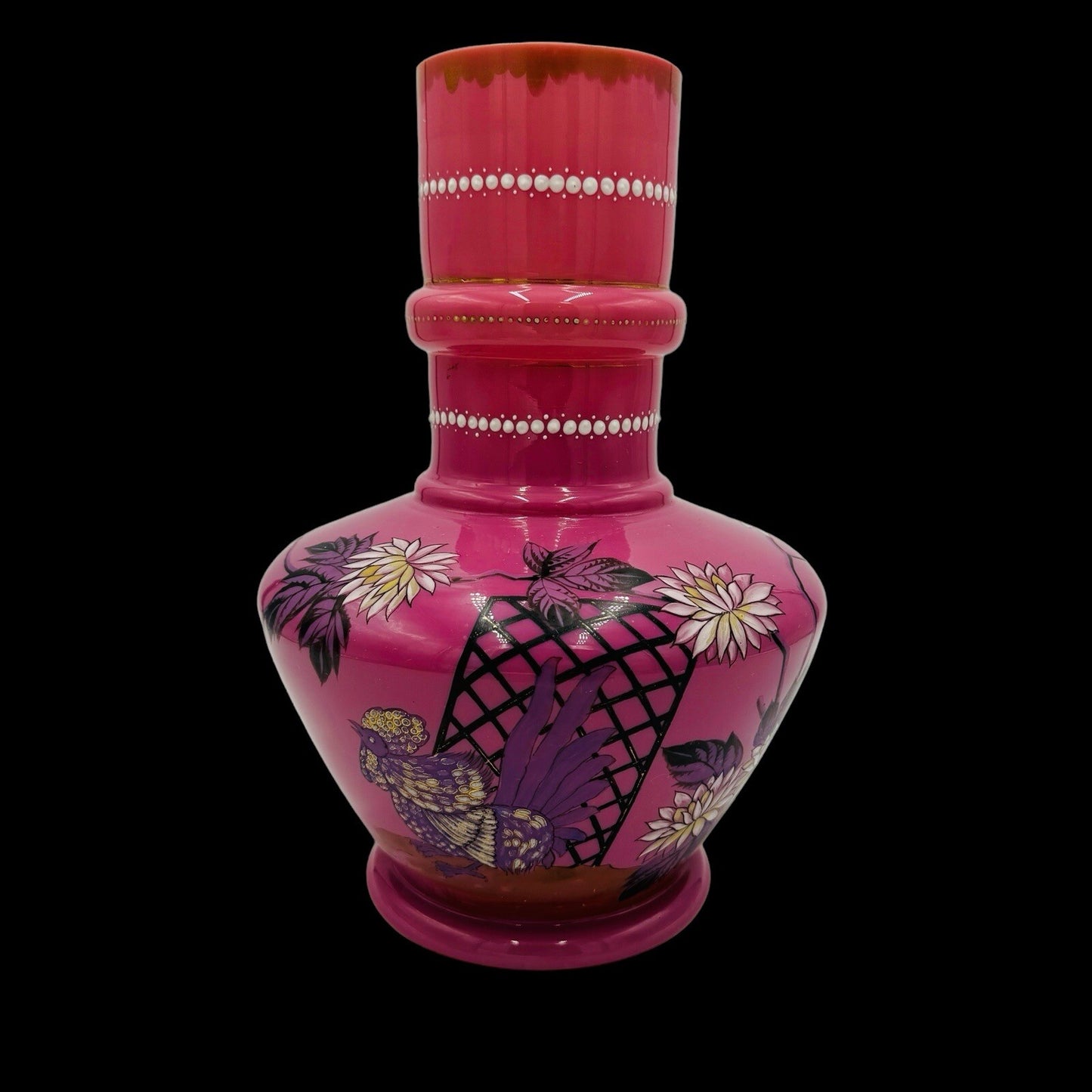Victorian Aesthetic Pink Opaline Glass Vase Roosters Fighting Daisies Large Rare