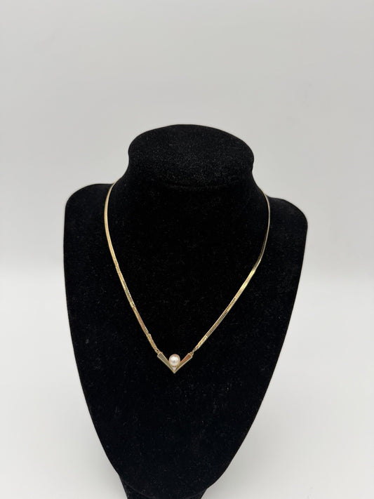 14k Italy Yellow Gold Herringbone V Drop Necklace 16”pearl Diamond 6g