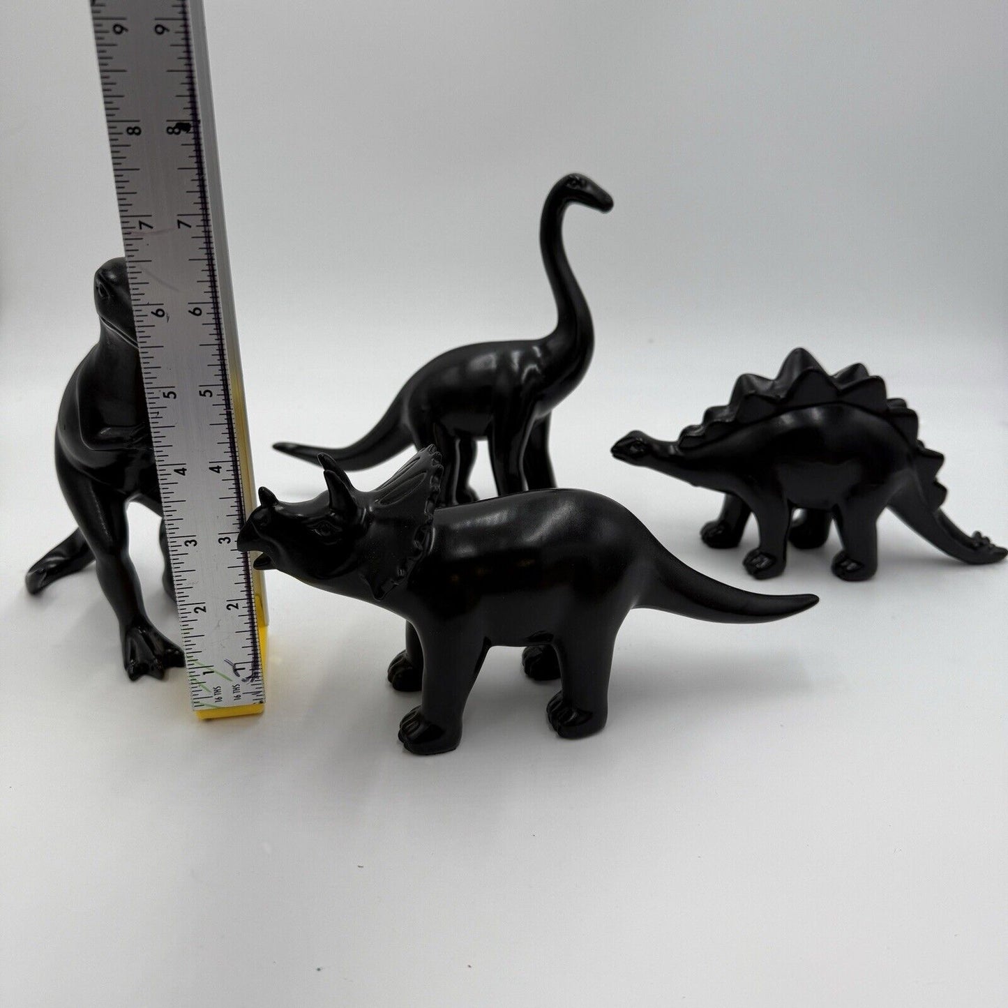 Wooden Dinosaurs Black Solid Carved Set 7” Toys Decor Painted Art Figurines