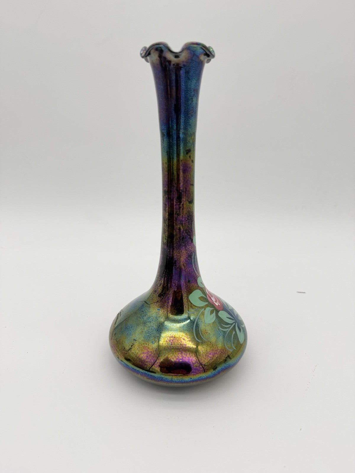 Vintage Art Nouveau Iridescent Art Glass Painted Rose Signed Vase 9”H