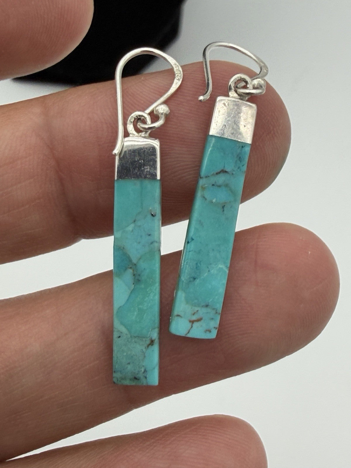 Sterling silver dangle earrings slender rectangular turquoise stone drops 925