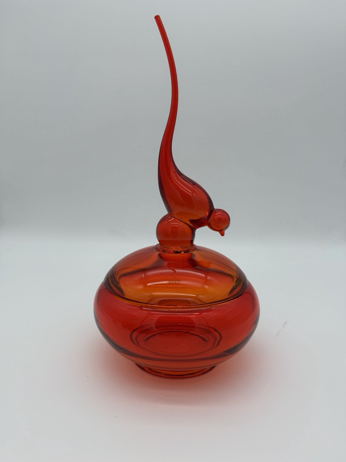 Viking Epic Glass Orange Long Tail Bird Covered Dish Bowl 11”H Large MCM