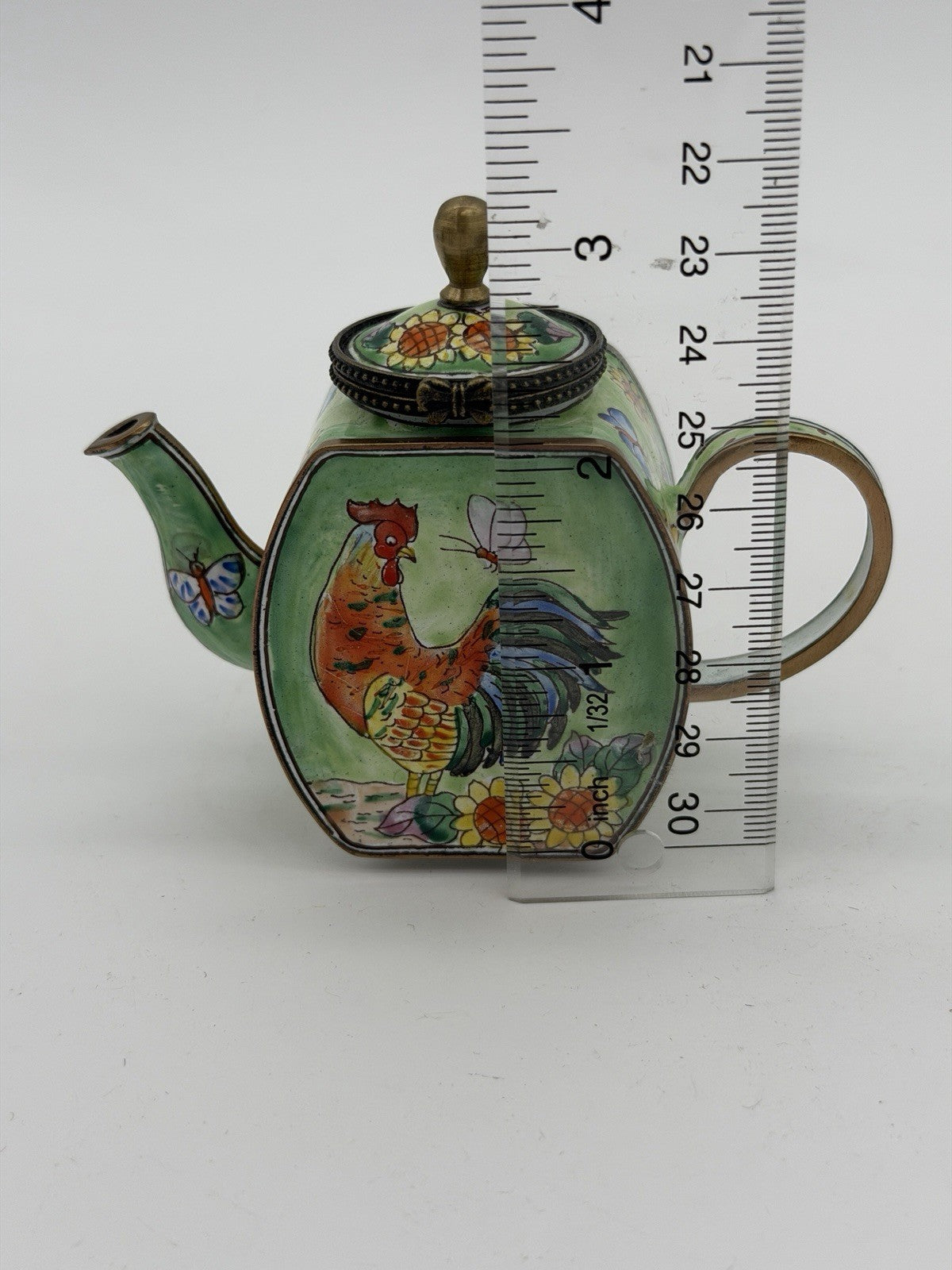Kelvin Chen Enamel Teapot Trinket Box Rooster Butterflies #2323 Miniature Vtg