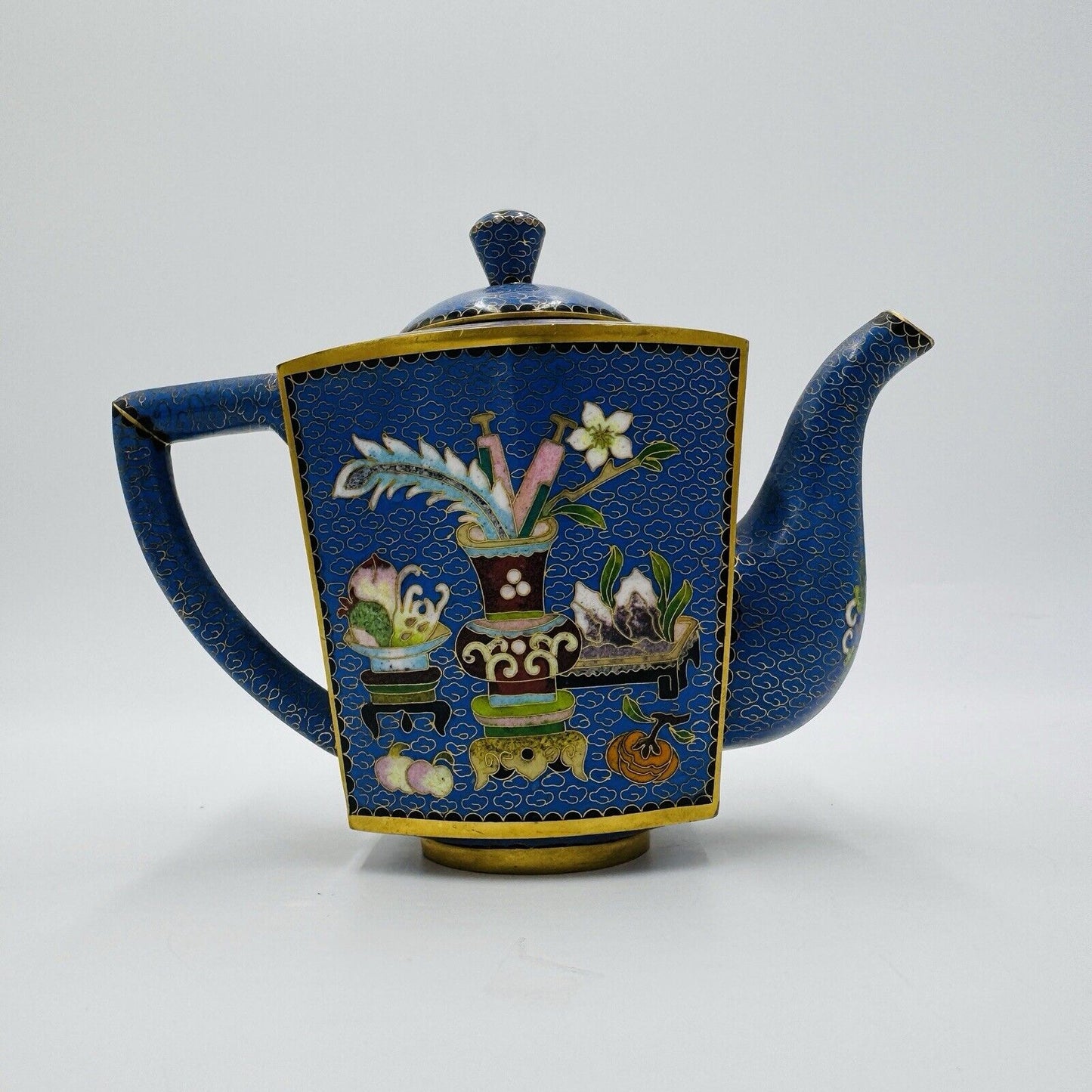 Antique cloisonne enamel teapot 19th C. Qing dynasty Brass Lidded W:7-1/2" H:6"