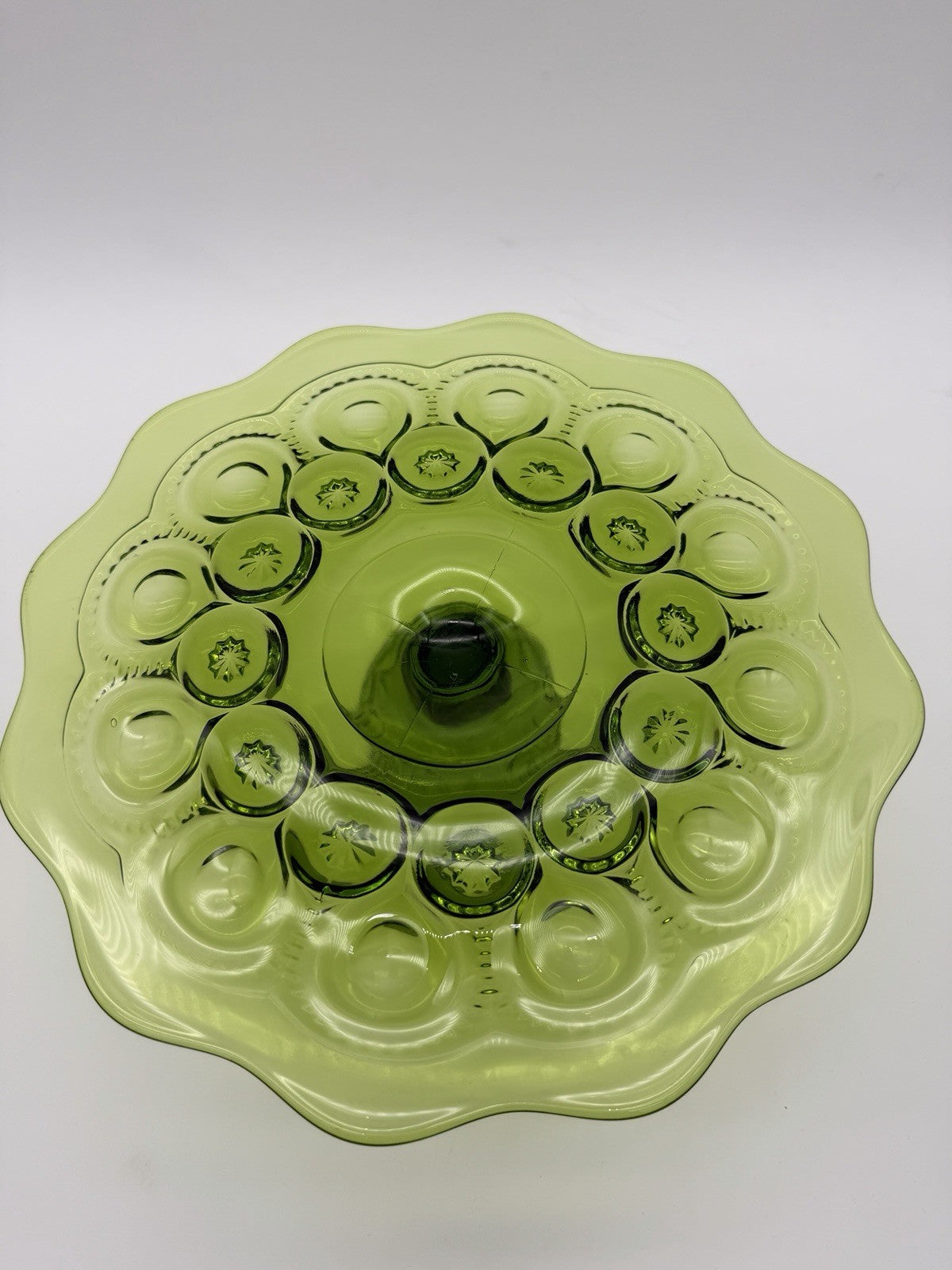 MCM LE Smith Moon & Star Cake Stand Heritage Green Art Glass Pastry Plate 11”