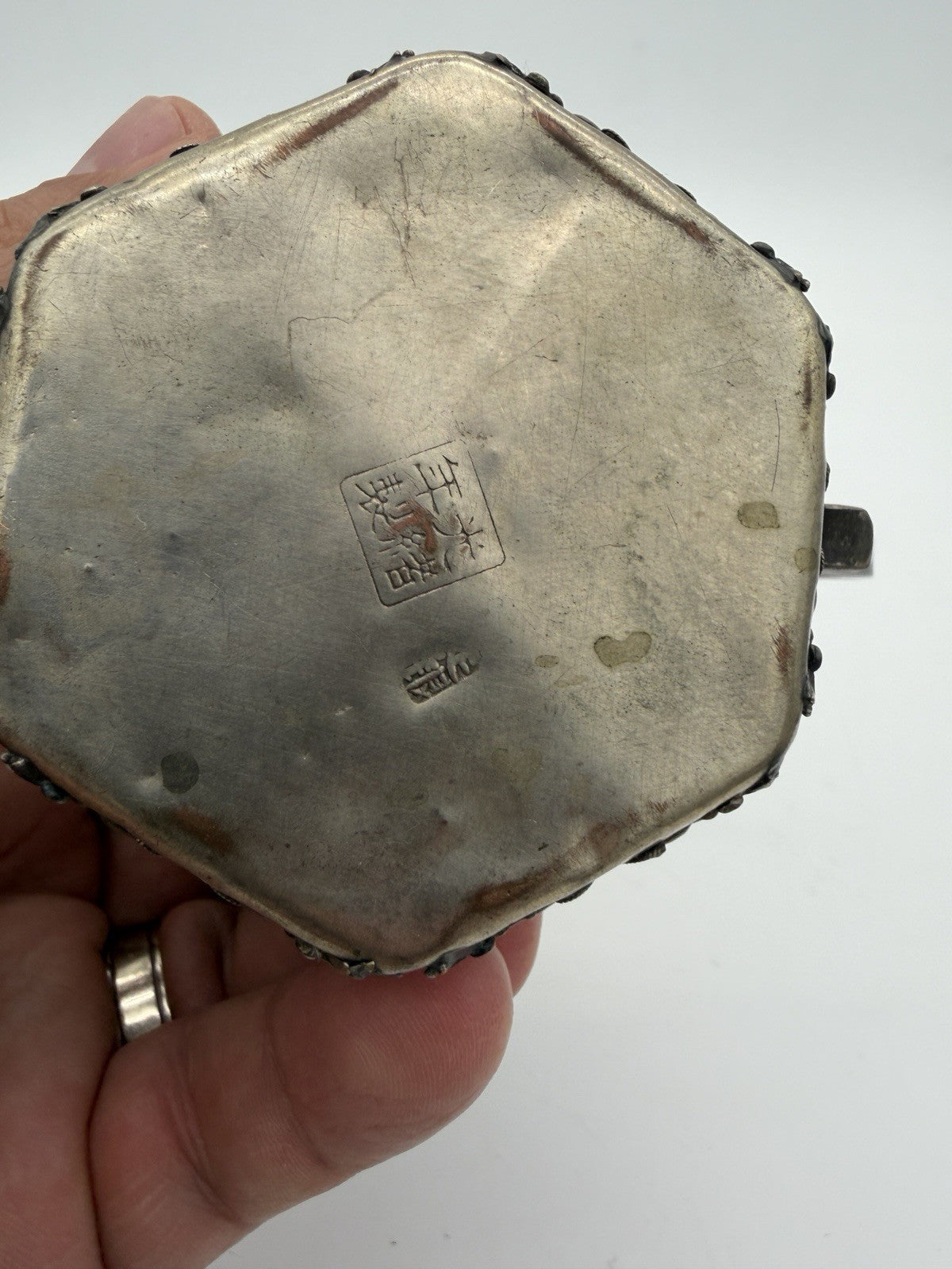 Antique Guangxu reign hexagonal Qing Dynasty Chinese metalwork pewter teapot