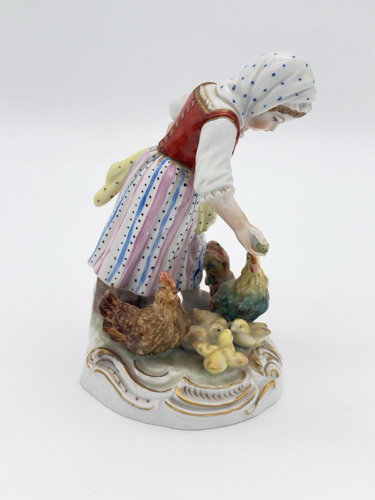 Antique Carl Thieme Dresden Germany Porcelain Painted Girl Feeding Chicken Figur