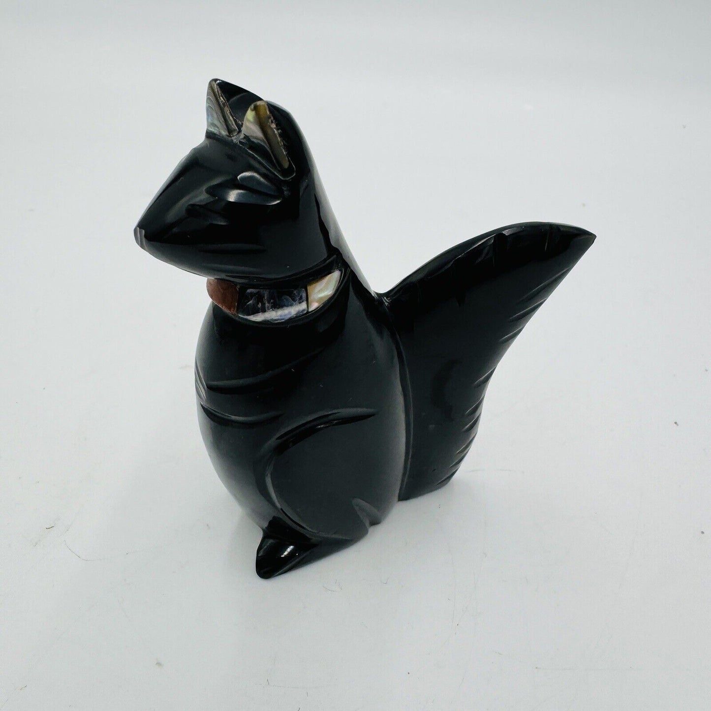 Carved Black Obsidian Cat Figurine Abalone Ears, Gemstone Collar 3.5in Signed