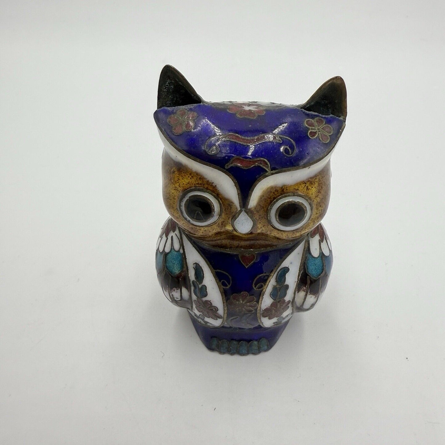 Vintage Cloisonne Chinese Brass Enameled Owl Figurine 3”