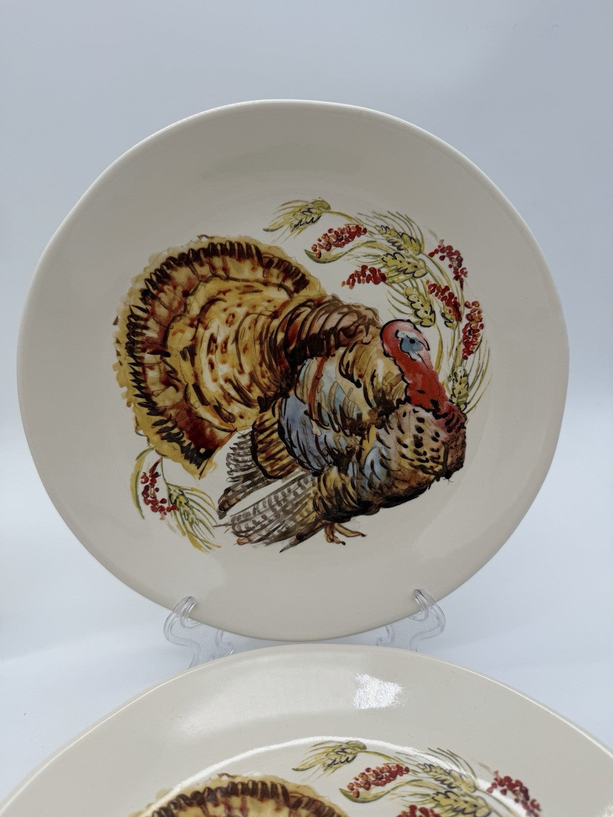 Pottery Barn Watercolor Turkey Salad Dessert Plates Set Of 4 Thanksgiving 8”