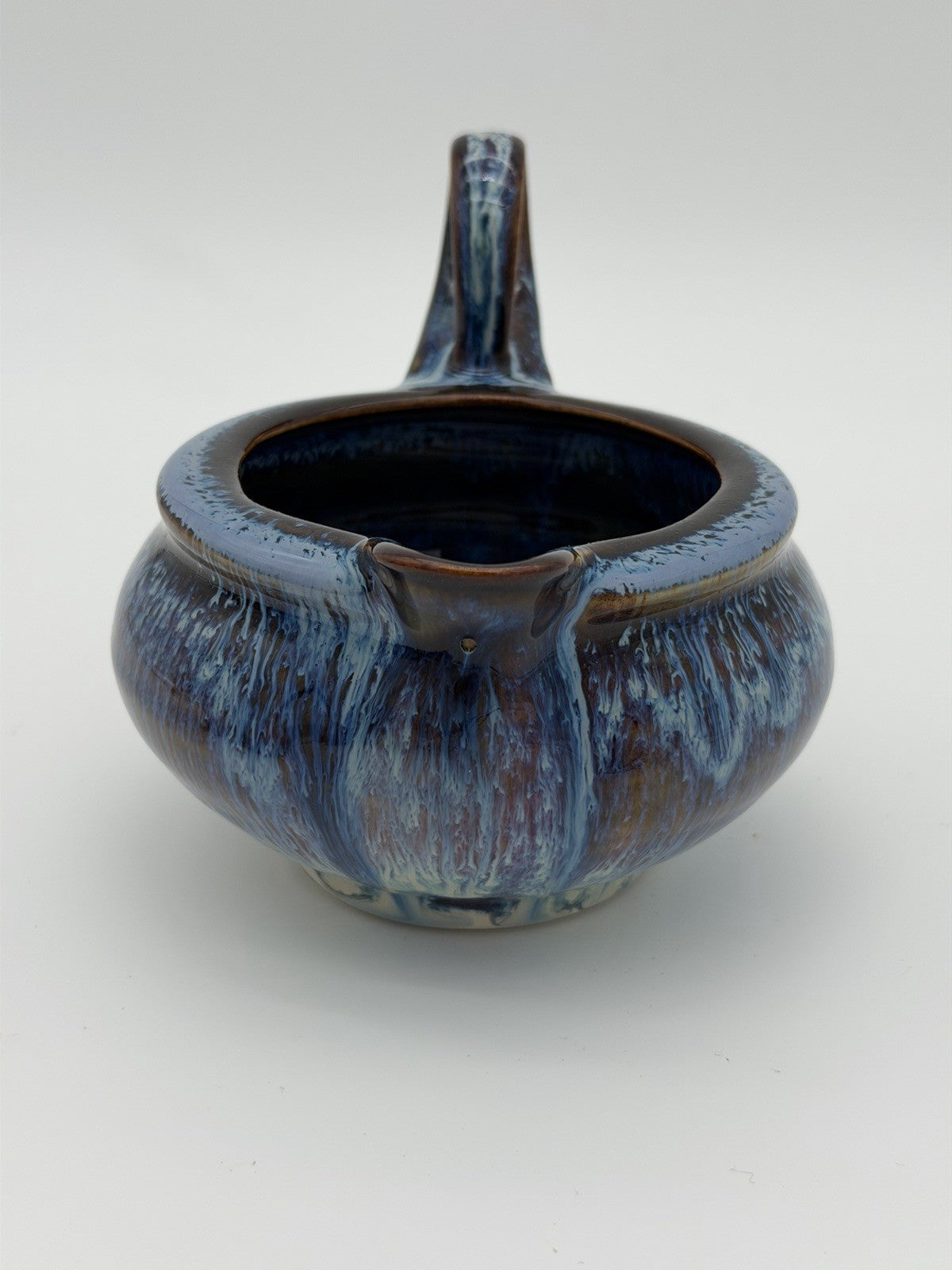 Bill Campbell Studio Art Pottery Gravy Sauce Boat  Brown Blue Drip Glaze 4.5”x6”