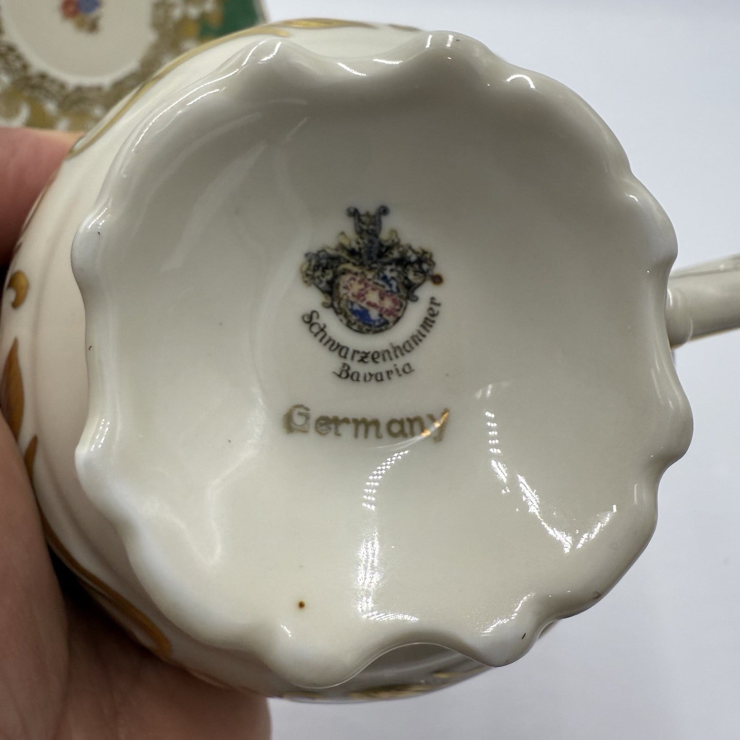 Antique Schwarzenhammer Bavaria Porcelain  Gold Trim tea cup & saucer Green
