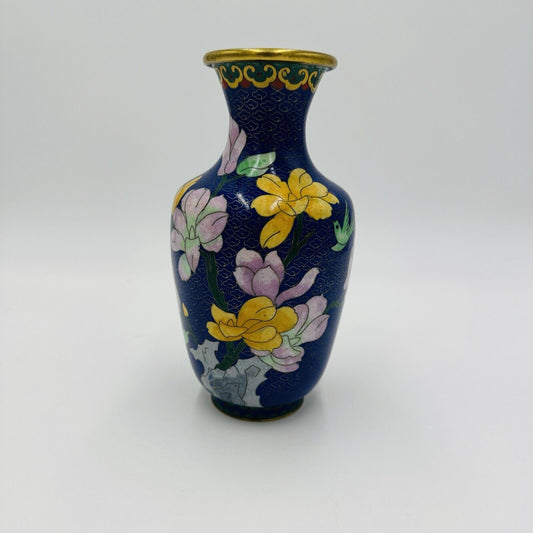 Cloisonné Vase 8in Chinese Enamel Floral Blue Vintage Flower Design