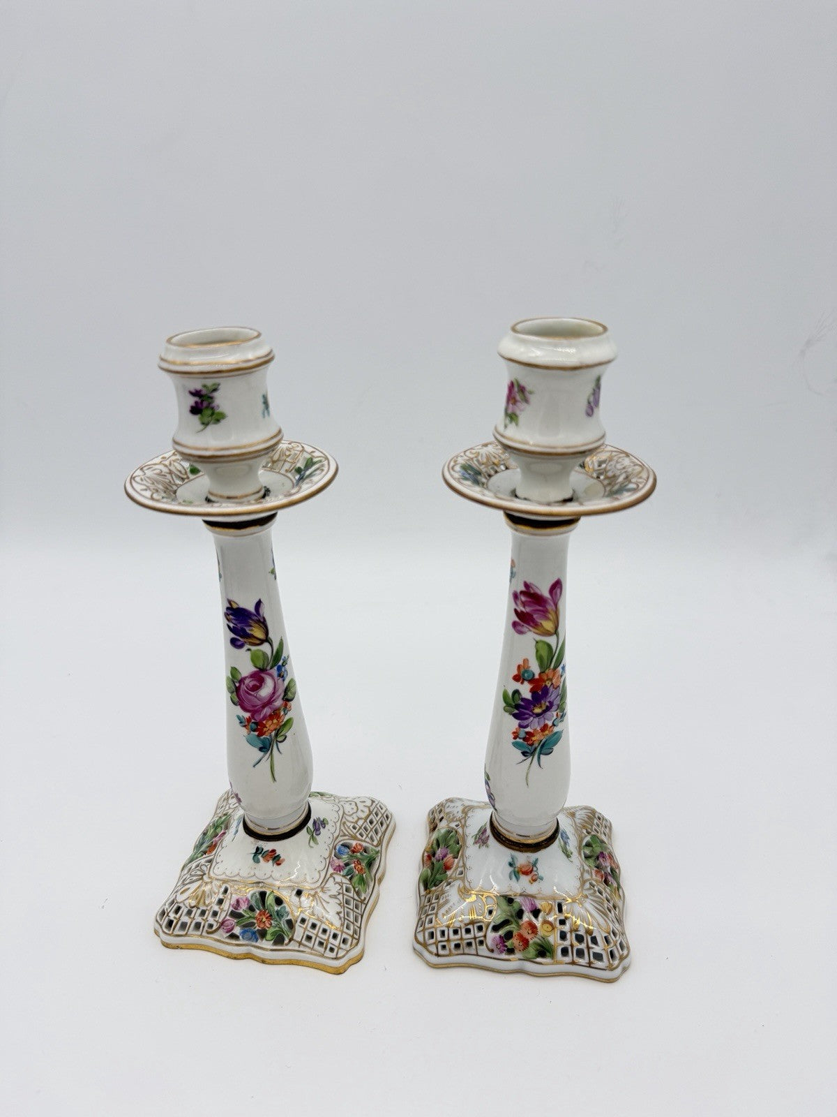 Antique  Dresden Porcelain Carl Thieme Saxony Reticulated 10" Candlestick Floral