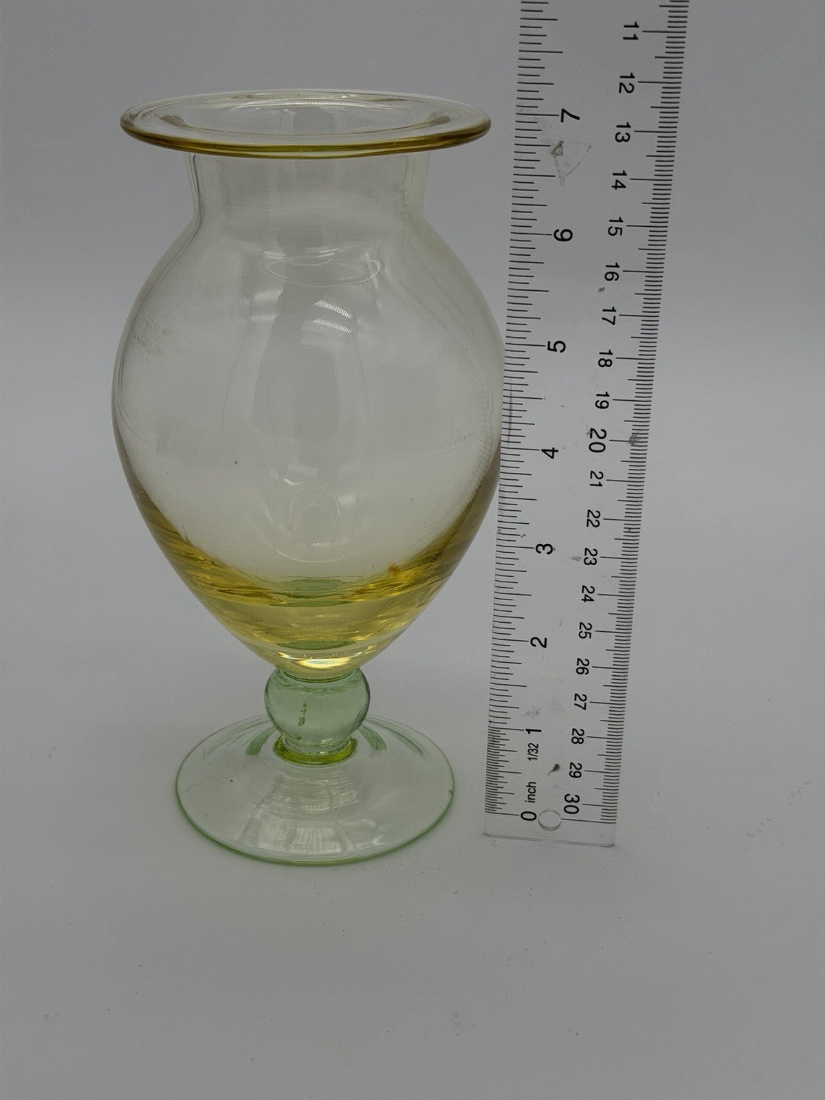 Vintage Tiffin art glass yellow w/green footed base Flower Vase 7”H Pedestal
