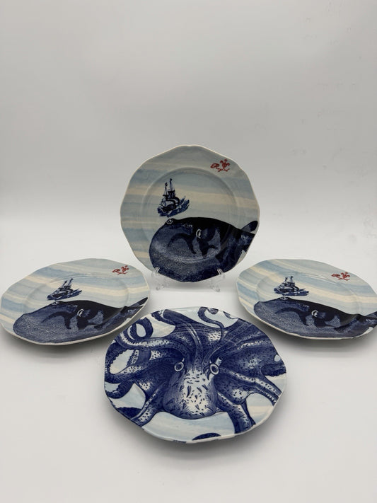 Anthropologie From the Deep SET 4 Salad Dessert Plate 7.5” Ocean Fish Nautical