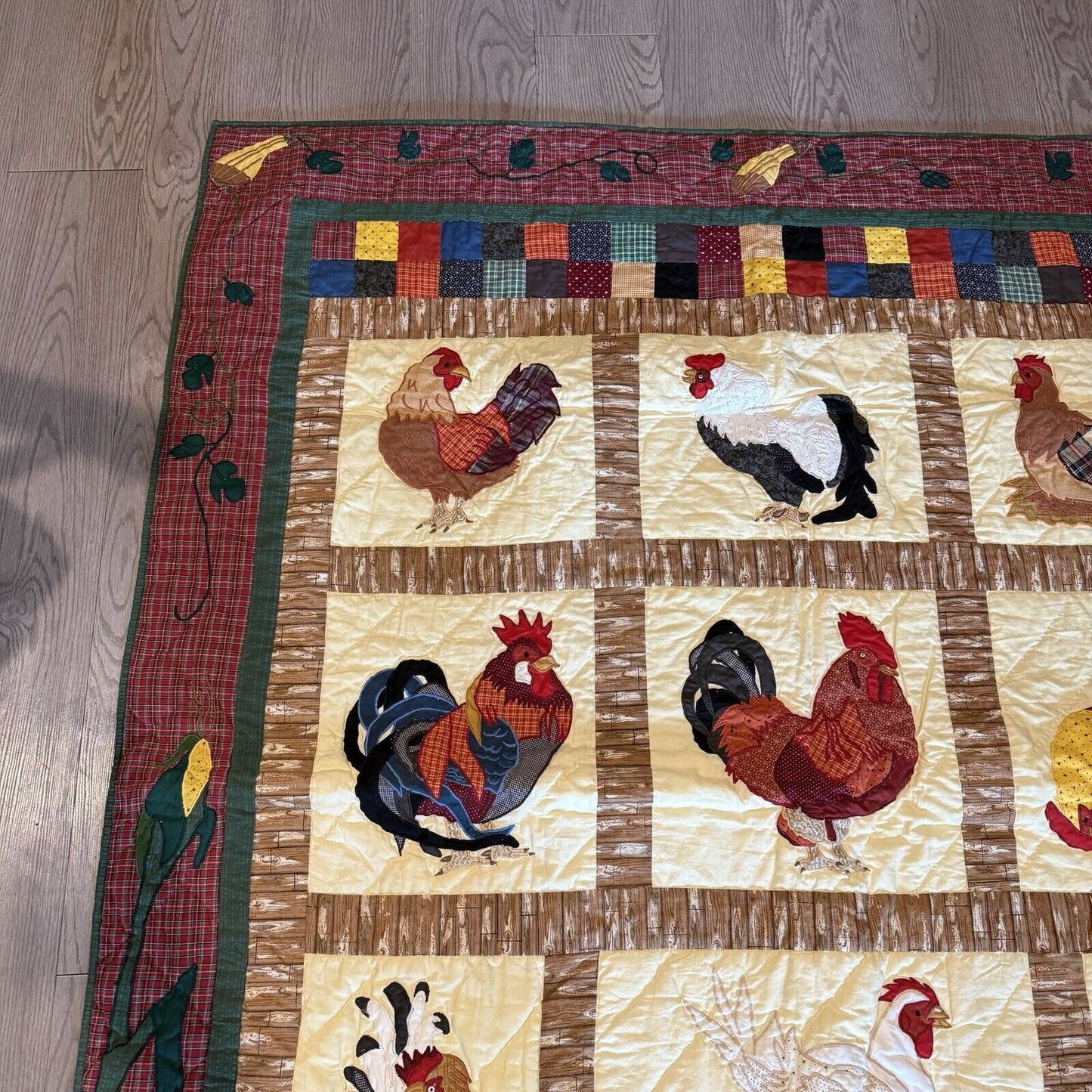 Patch Magic Hand Appliqued Quilted Rooster Throw 50"W x 60"L