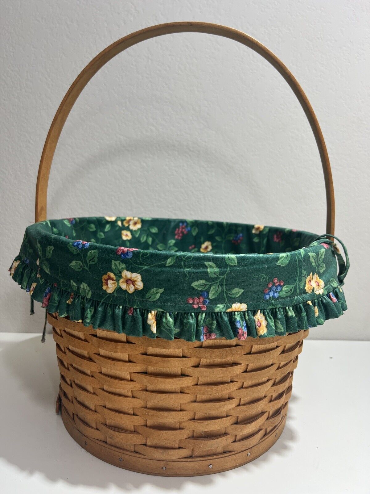 Longaberger Basket Liner Large Handle Round Green Floral 1996 Vintage Retired