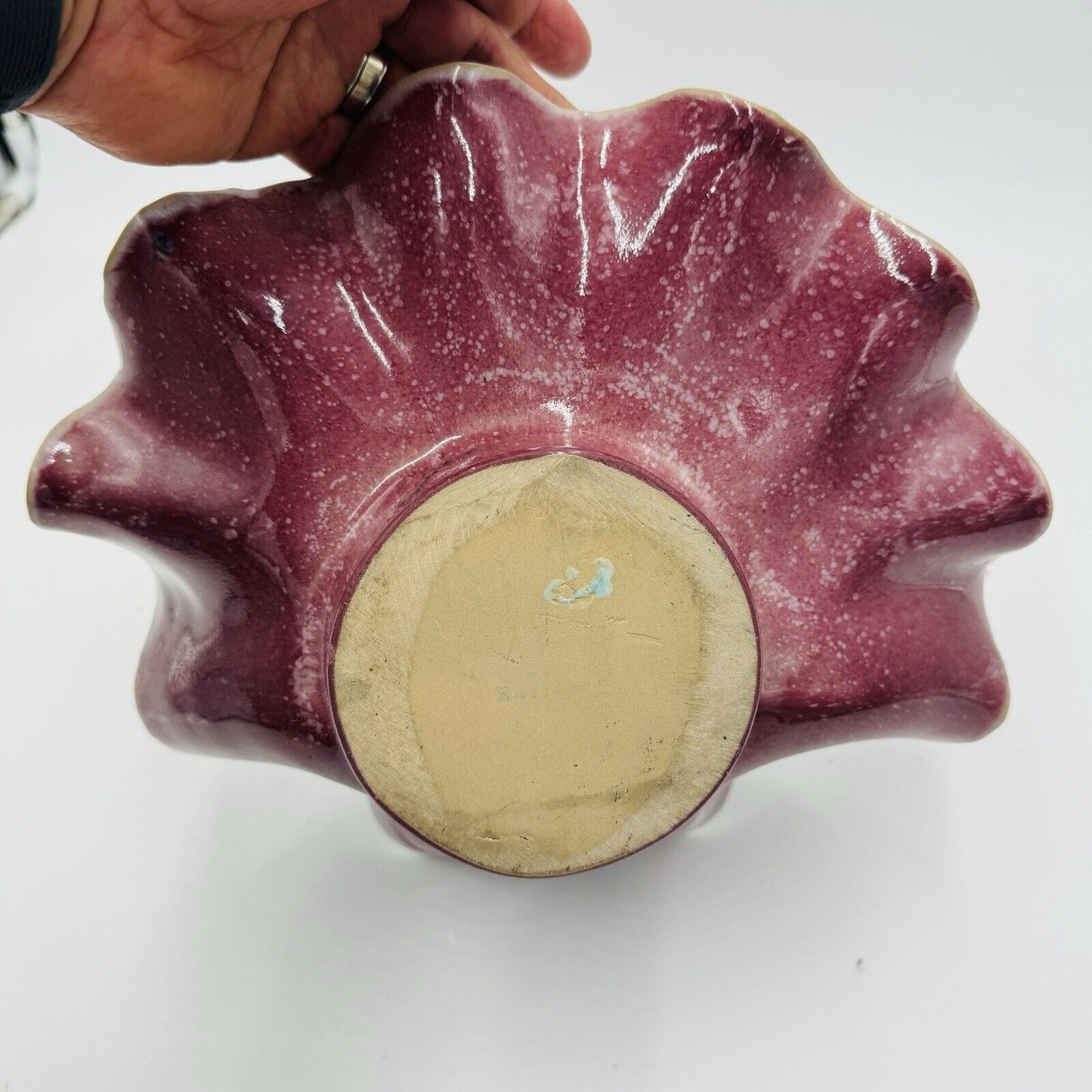 Rare Studio Art Pottery Shell Large Candle Holder MCM Vintage Pink Purple Signed