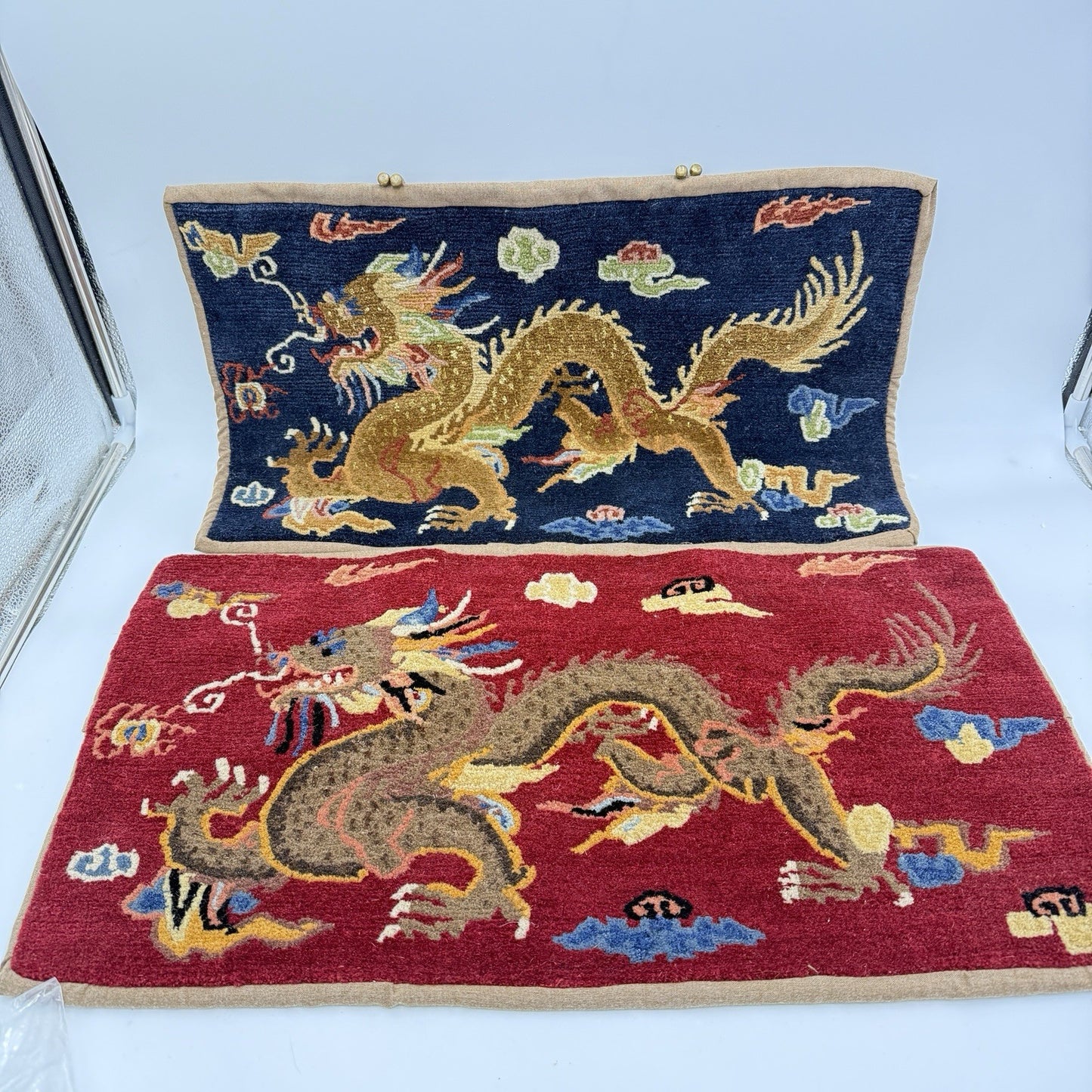 Vintage Art Deco Hand Woven Wool Dragon Chinese Throw Pillow Cases Blue and Red